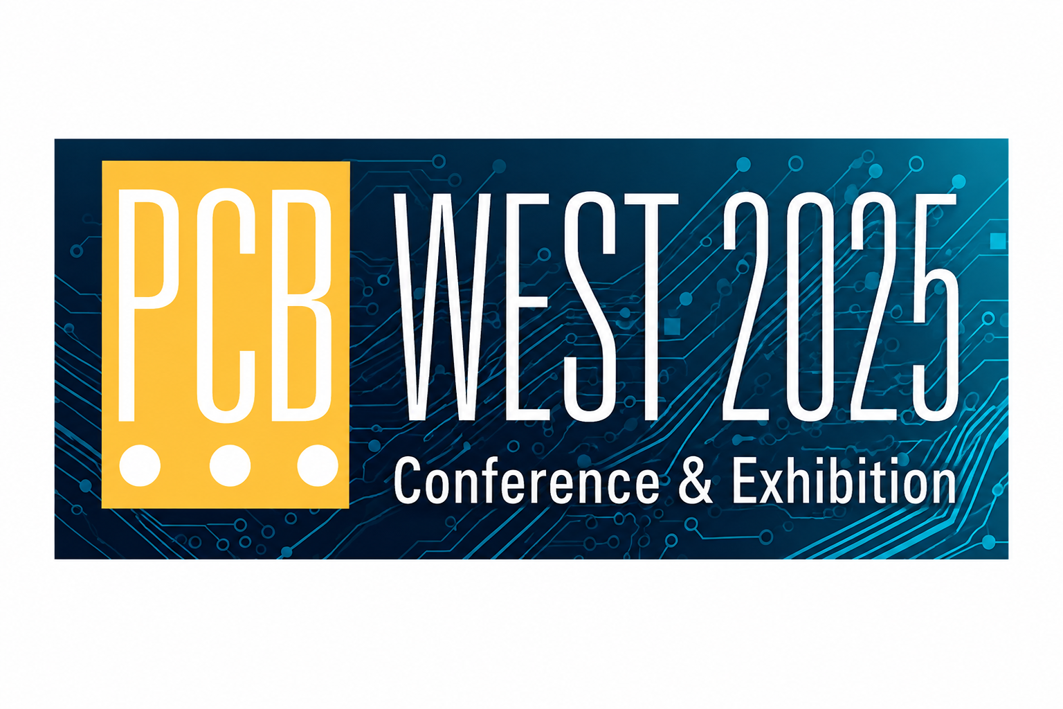 Logo for PCB West 2025 Conference & Exhibition with yellow and blue design elements.