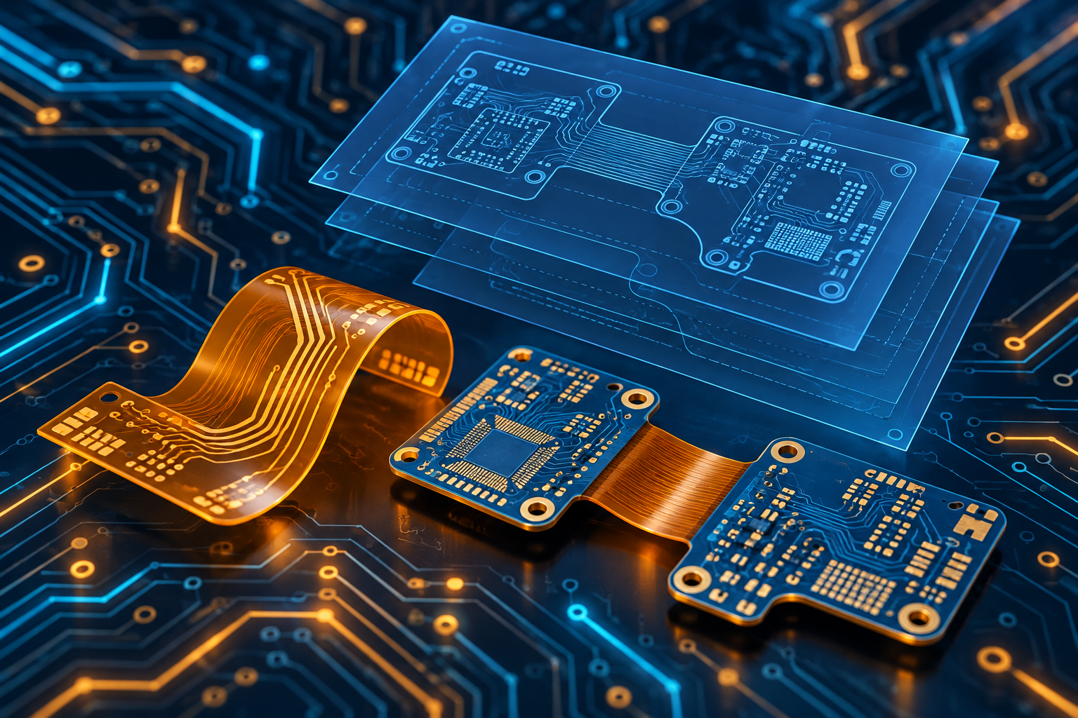 Illustration of flex and rigid-flex circuits beside technical drawings, representing information for a quote request.