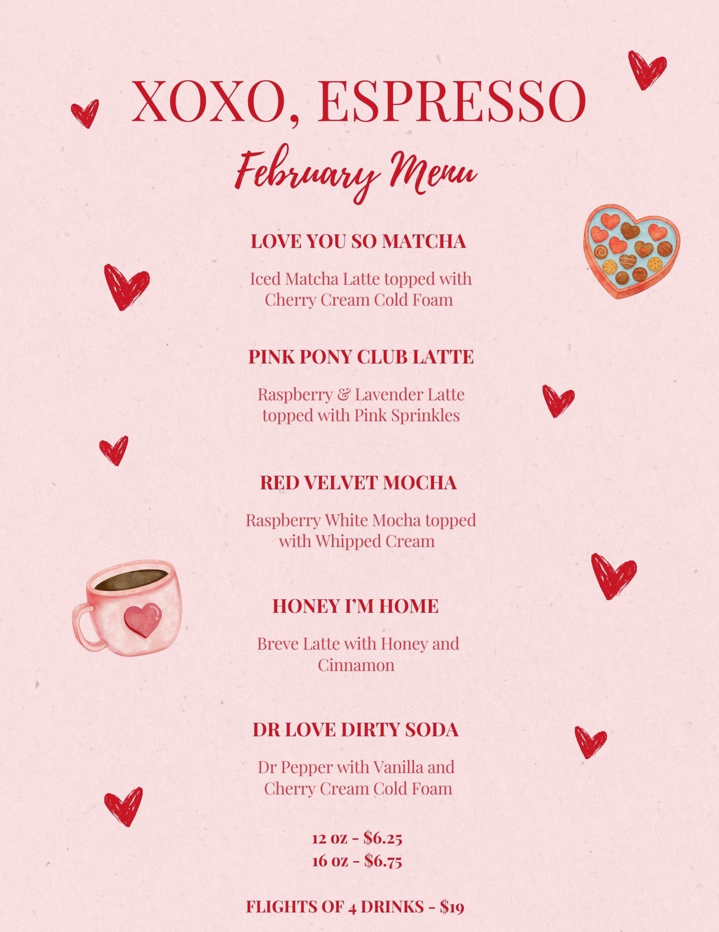 New month, new specialty coffee menu! 💌☕️💕 

(Coffee Flights will be available starting February 2nd, but this menu will be available tomorrow for the 1st😊)