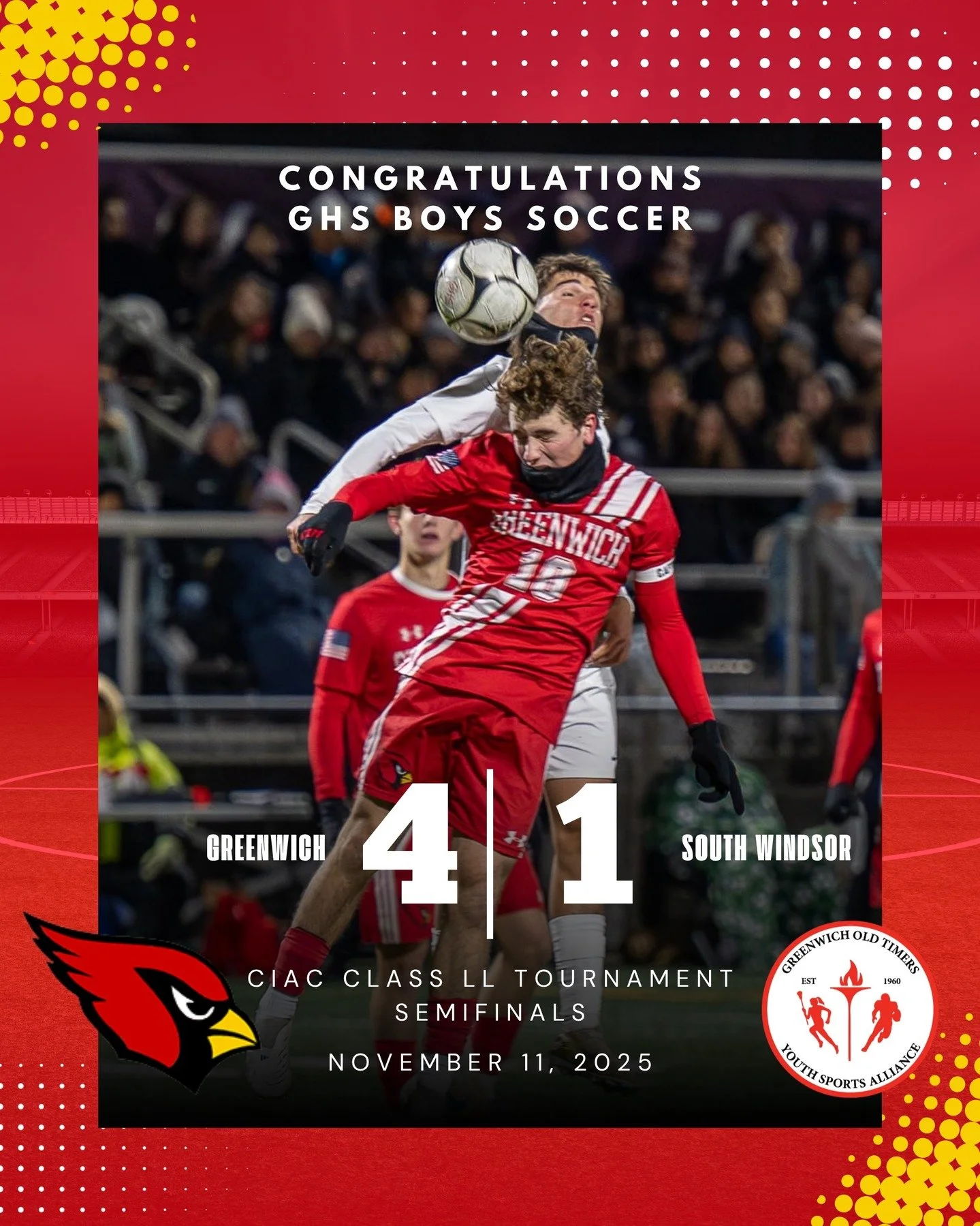 The Greenwich Old Timers proudly congratulates GHS Boys Soccer and GHS Girls Volleyball on their outstanding semifinal victories!

⚽️ GHS Boys Soccer: 4&ndash;1
🏐 GHS Girls Volleyball: 3&ndash;0

Good luck in your upcoming games &mdash; the entire G