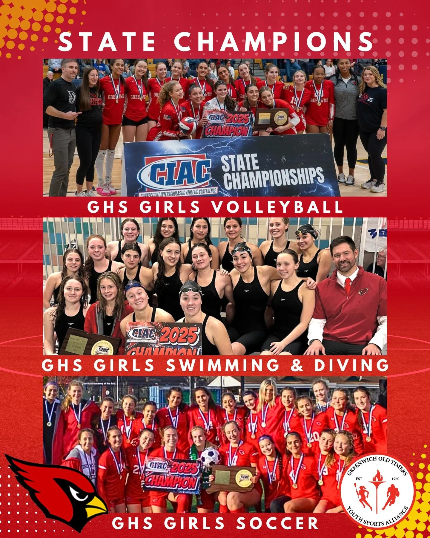 An incredible year for Greenwich High School athletics &mdash; Congratulations to GHS Girls Volleyball, Girls Swimming &amp; Diving, and Girls Soccer on being crowned 2025 State Champions! 🏆 🔥

#GreenwichPride #StateChamps #CardinalNation #Greenwic