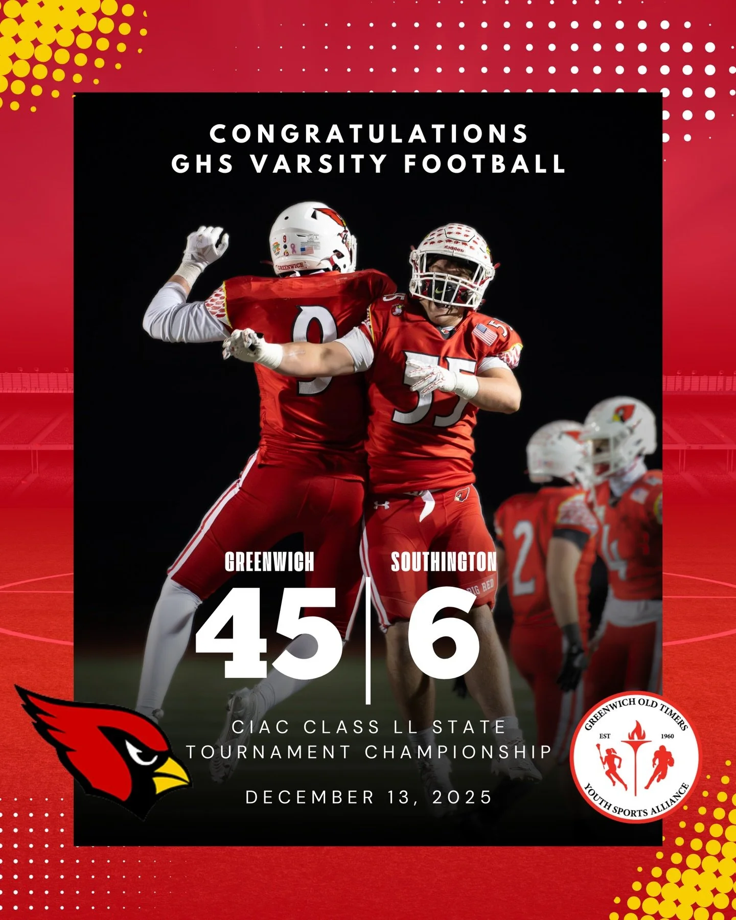 Congratulations to GHS Football, CIAC Class LL State Champions, after defeating Southington 45&ndash;6 on December 13, 2025 🏆🏈 💪🔥

#GOBIGRED #GreenwichPride&nbsp;#CardinalNation&nbsp;#GreenwichStrong&nbsp;#GHSSports&nbsp;#GHSFootball #GreenwichFo