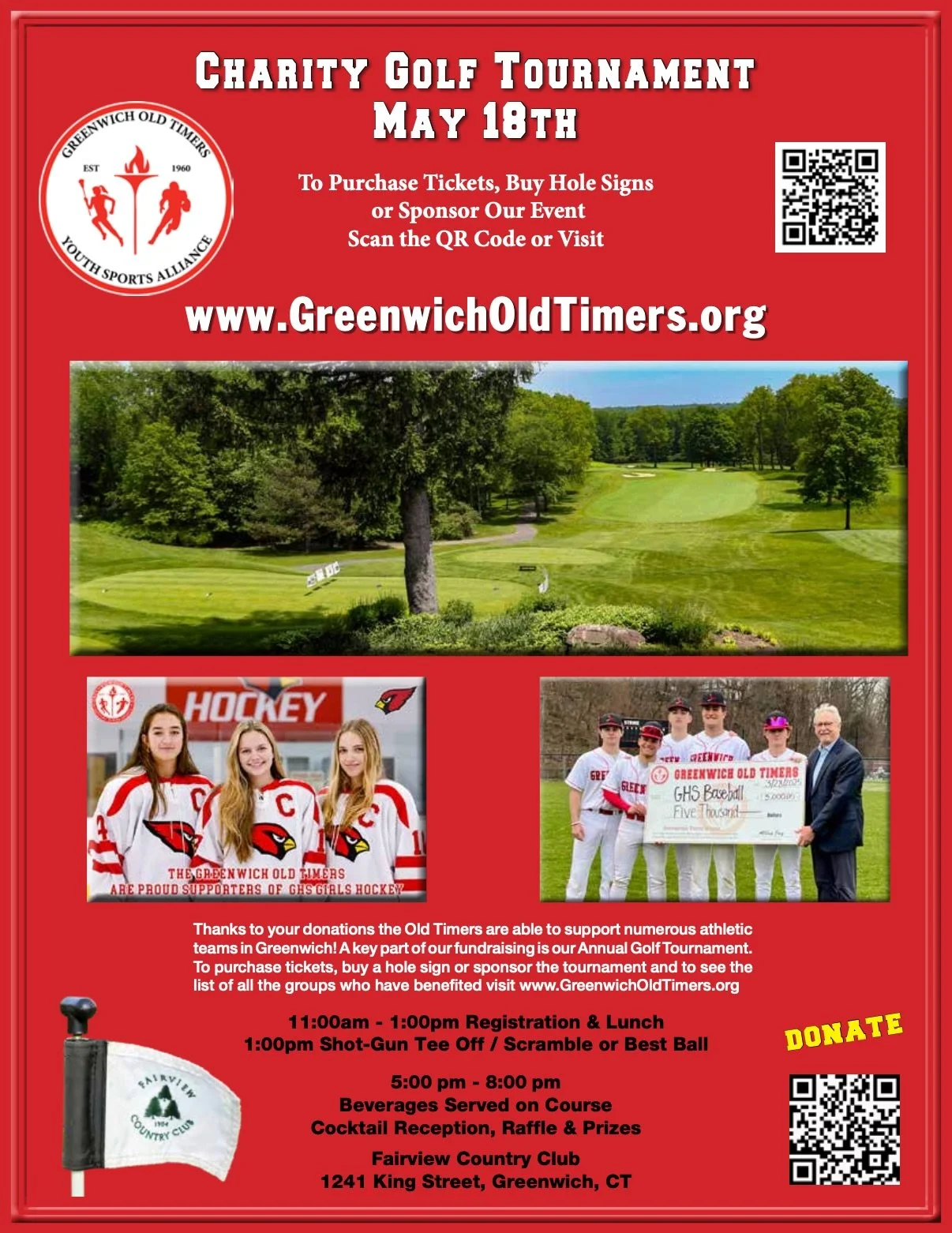 ⛳️ Join us for the Greenwich Old Timers Youth Sports Alliance Annual Charity Golf Tournament on May 18th!
Your support helps us continue funding local youth athletics right here in Greenwich 💪

To register or become a sponsor, scan the QR code or vi