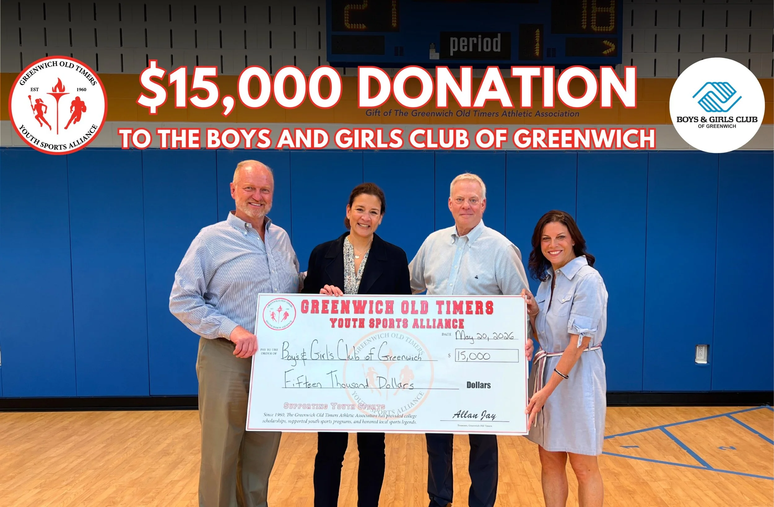 The Greenwich Old Timers Youth Sports Alliance is proud to support the Boys &amp; Girls Club of Greenwich with a $15,000 donation toward the purchase of a new scoreboard in the Club&rsquo;s newly renovated gymnasium.

We are honored to partner with o