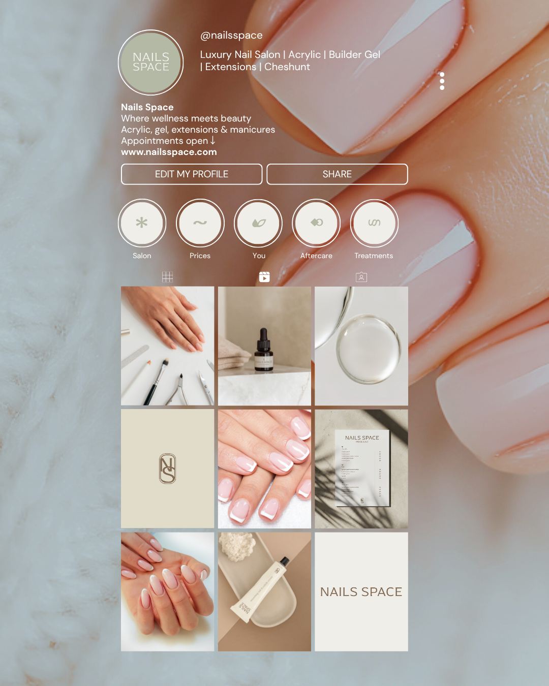 Social media profile page for Nails Space, a luxury nail salon offering acrylic, builder gel, extensions, and manicures, with images of manicured nails, nail tools, and salon products.