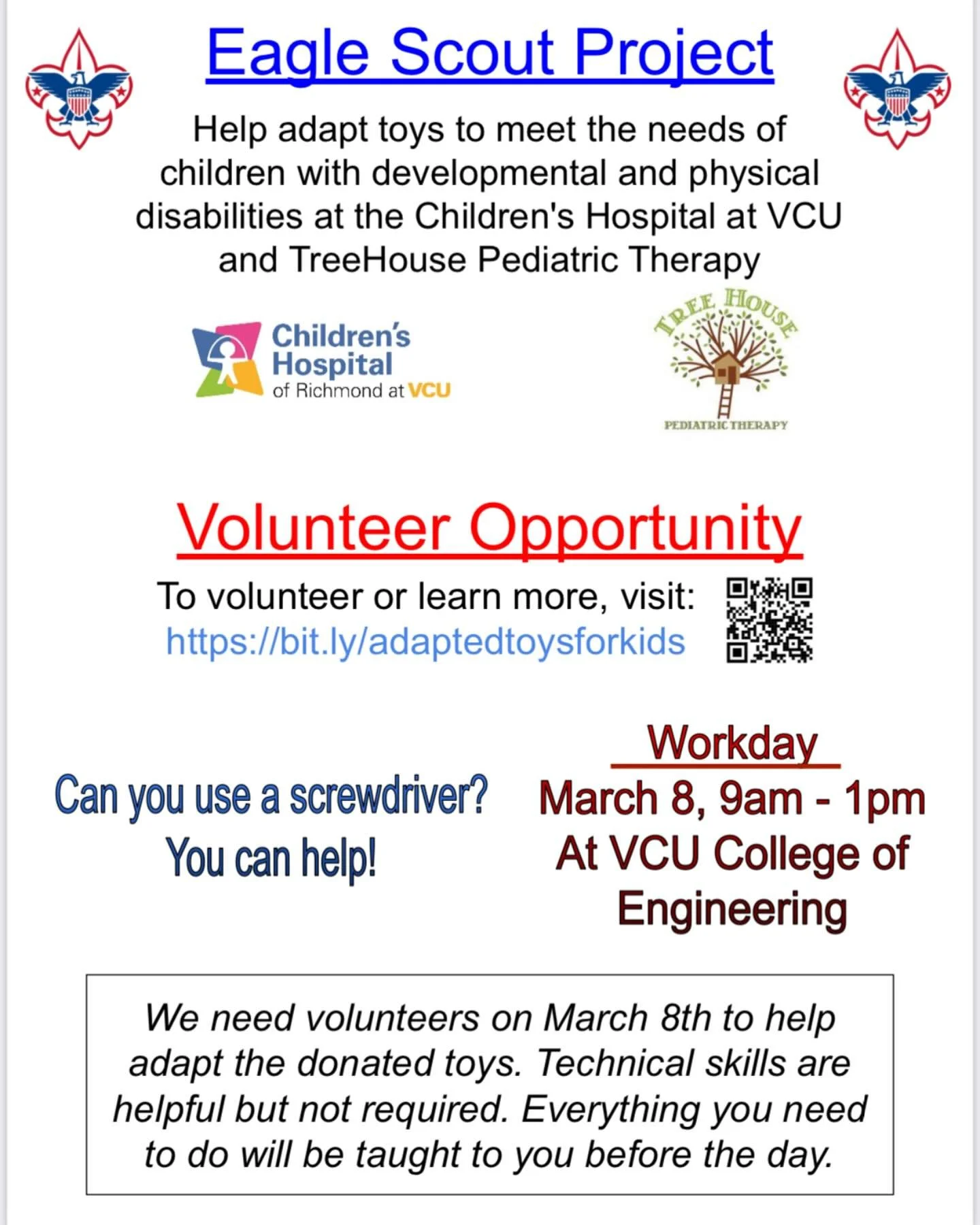 Please consider joining us for this very special project. Treehouse is partnering with VCU’s engineering program and some local Eagle Scouts to help adapt and donate toys for children with disabilities!! Will be a fun morning!!