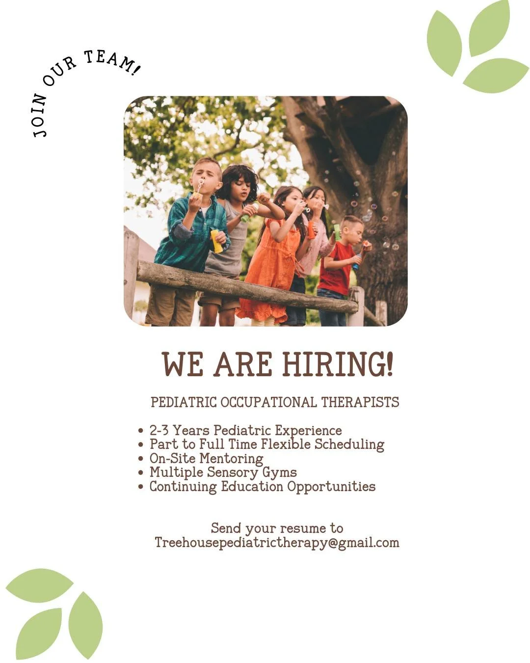 Now Hiring:  Pediatric Occupational Therapist

Our multidisciplinary pediatric therapy clinic is looking for a compassionate and skilled Occupational Therapist to join our team of professionals. 

If you are passionate about helping children grow thr
