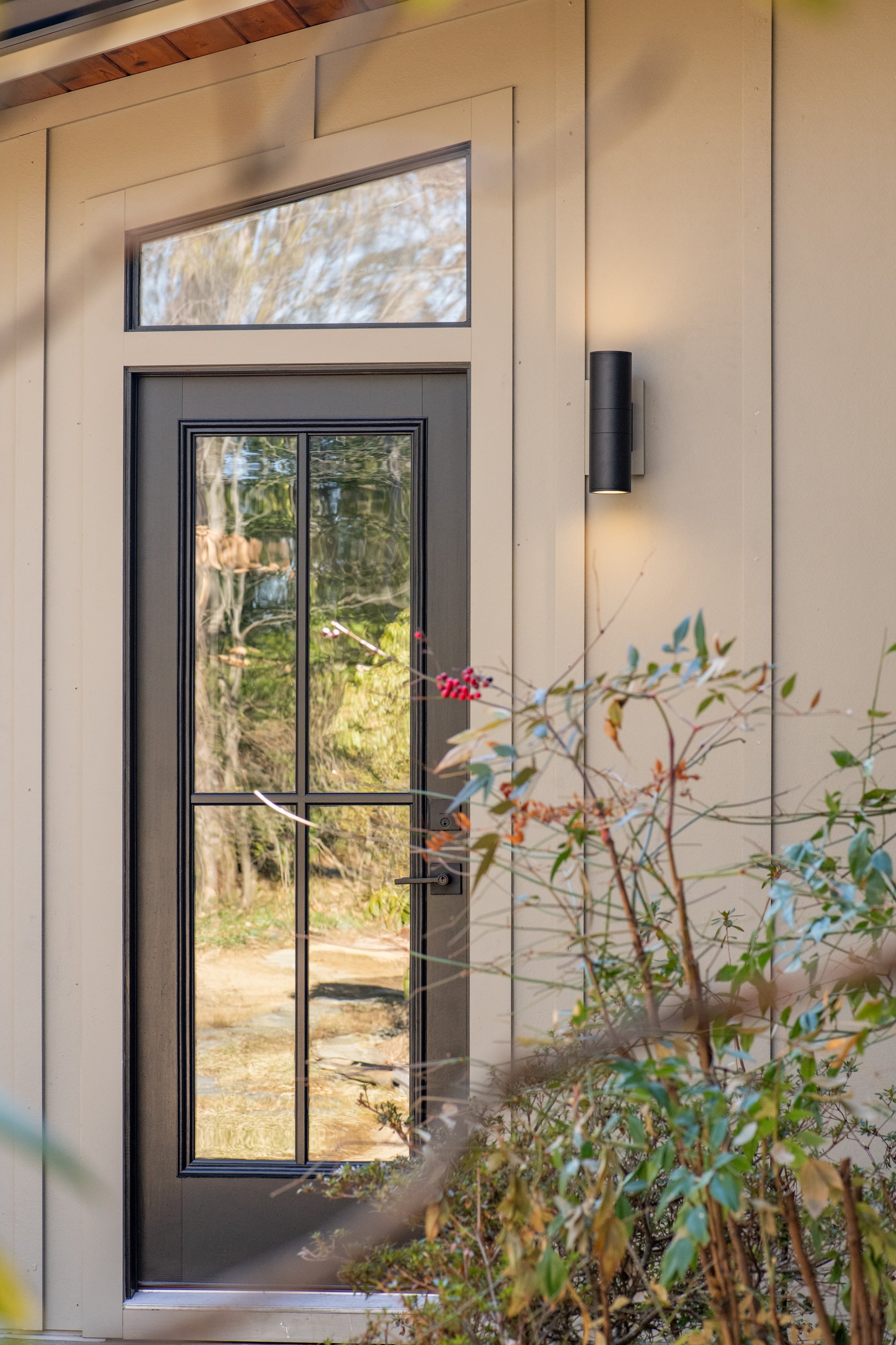Glass-paneled door with metal frame and nearby foliage