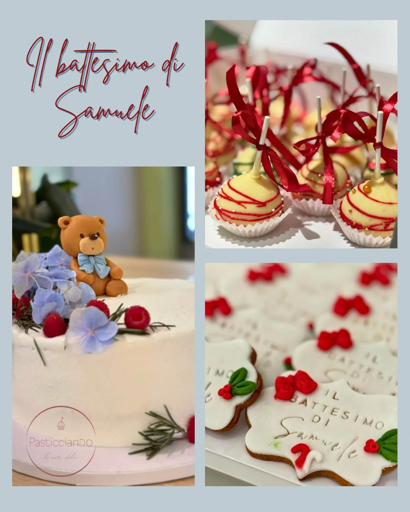 Per il battesimo del piccolo Samuele abbiamo voluto raccontare una storia fatta di tenerezza, colori delicati e piccoli dettagli che parlano d&rsquo;amore.

🎂 Una torta soffice e luminosa, impreziosita da fiori freschi e da un dolce orsetto.
🍭 Cake