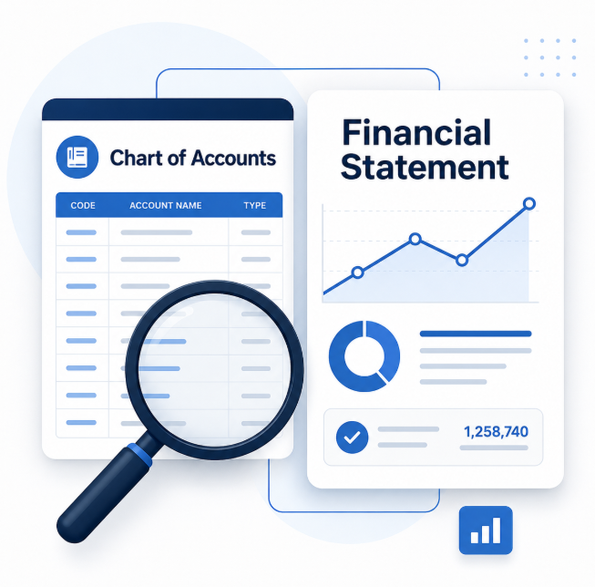 Financial statement with magnifying glass illustrating bookkeeping and accounting