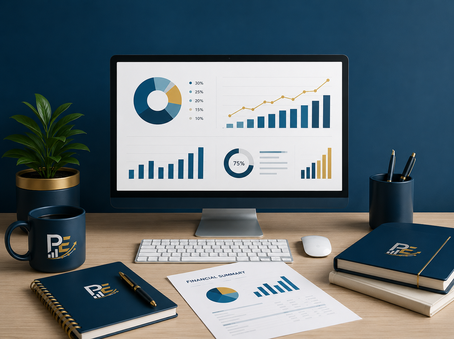 Modern finance operations workspace showing financial dashboards, reporting charts, financial summary documents, and branded business materials for Prime Essentials Finance Operations.