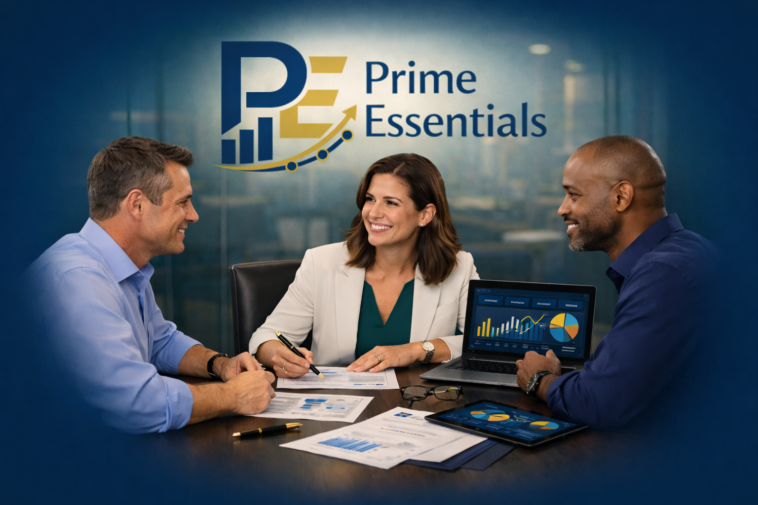 Prime Essentials Finance Operations team reviewing financial reports, dashboards, and business performance insights with a client, representing advisory support, reporting, analytics, and back-office finance execution.