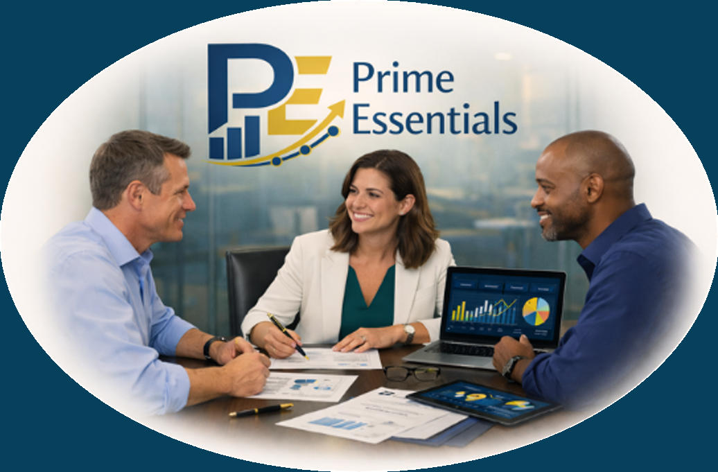 Three business professionals shaking hands and smiling at a conference table with financial documents, a laptop, and a tablet. Behind them, a logo reads 'Prime Essentials' with business growth graphics. The setting appears to be a corporate office.
