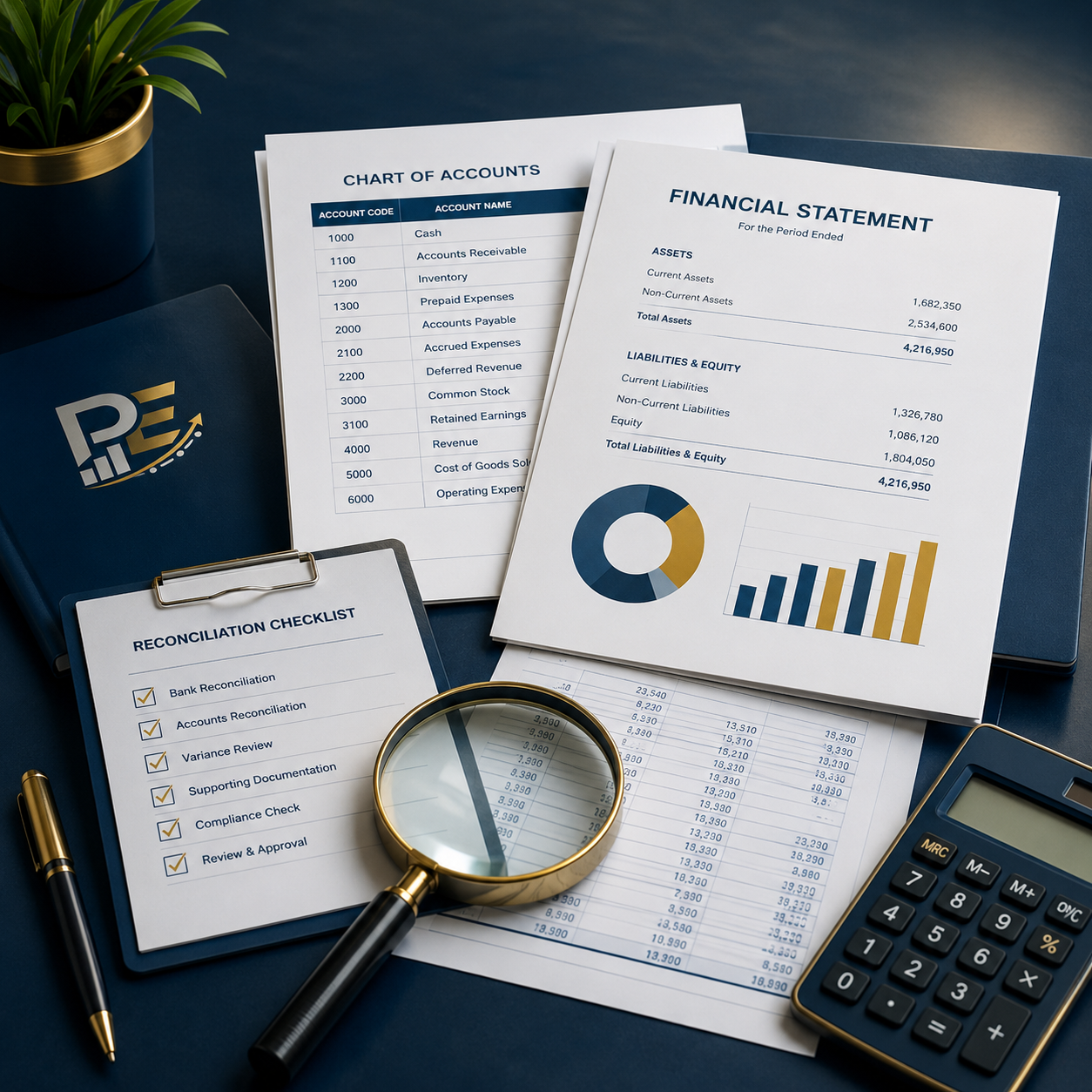 Accounting operations image showing a chart of accounts, financial statement, reporting chart, and review magnifying glass representing accurate financial records, reconciliations, compliance, and scalable back-office finance support.