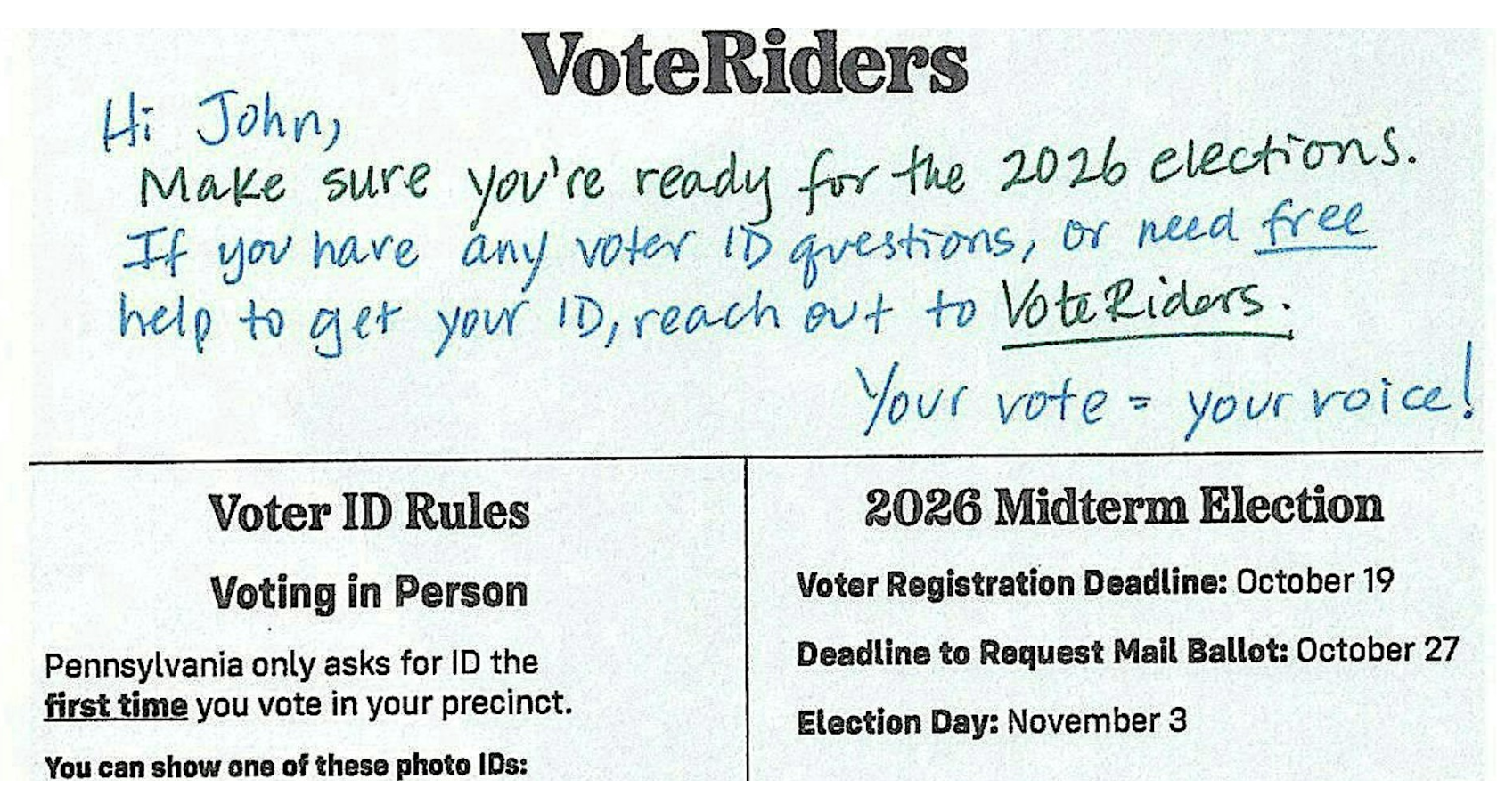 Write Letters to Pennsylvania Voters for VoteRiders