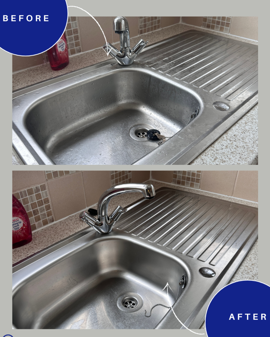 Comparison of a kitchen sink before and after cleaning, showing a stainless steel sink with a faucet and draining area, with a red soap dispenser on the countertop.
