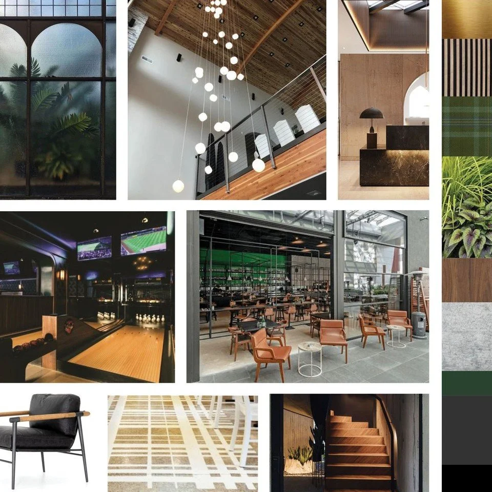 Collaging together examples of lighting, materials, textures, and vibes helps convey the overall look and feel of the design direction of a project. This board was for a sports bar client and helped set the foundation for the design process, making i