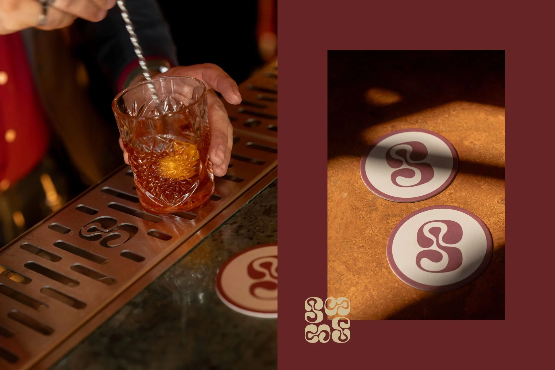   Restaurant branding for Salthouse with bespoke logo applied across bar details and branded drinks coasters  