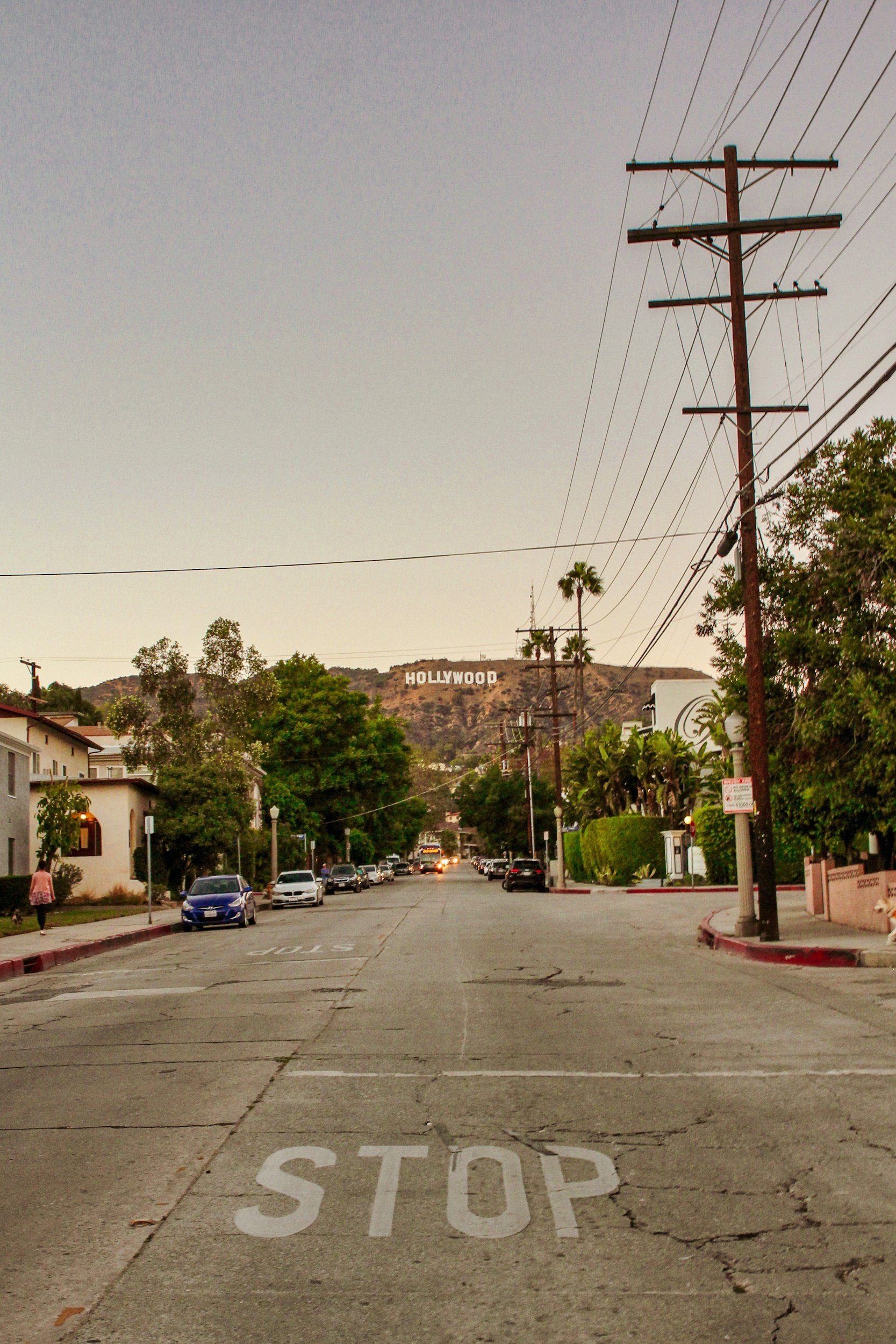 A street scene of Los Feliz, Los Angeles, with the Hollywood sign in the background. Cars and powerlines line the street.