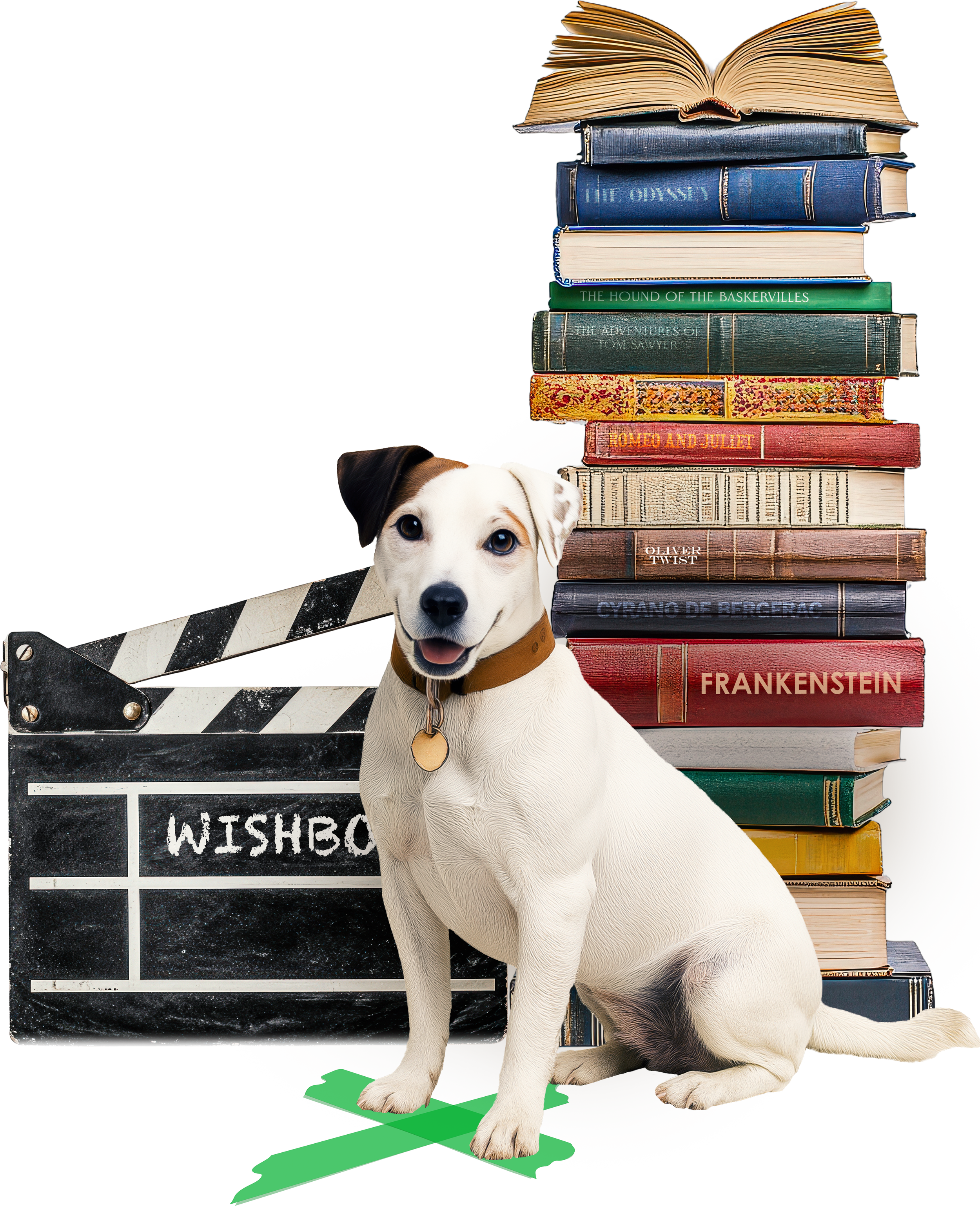 A white dog with black and brown spots sitting in front of a stack of books and a film clapperboard labeled "WISHBOX."