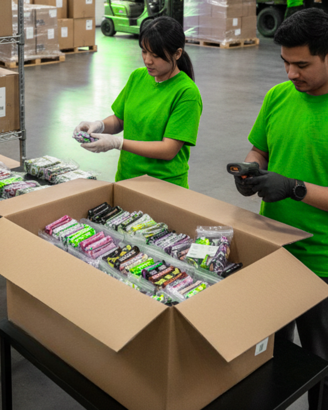 Two workers in green shirts sorting and labeling small packaged items in a warehouse, with large cardboard boxes and pallets in the background.