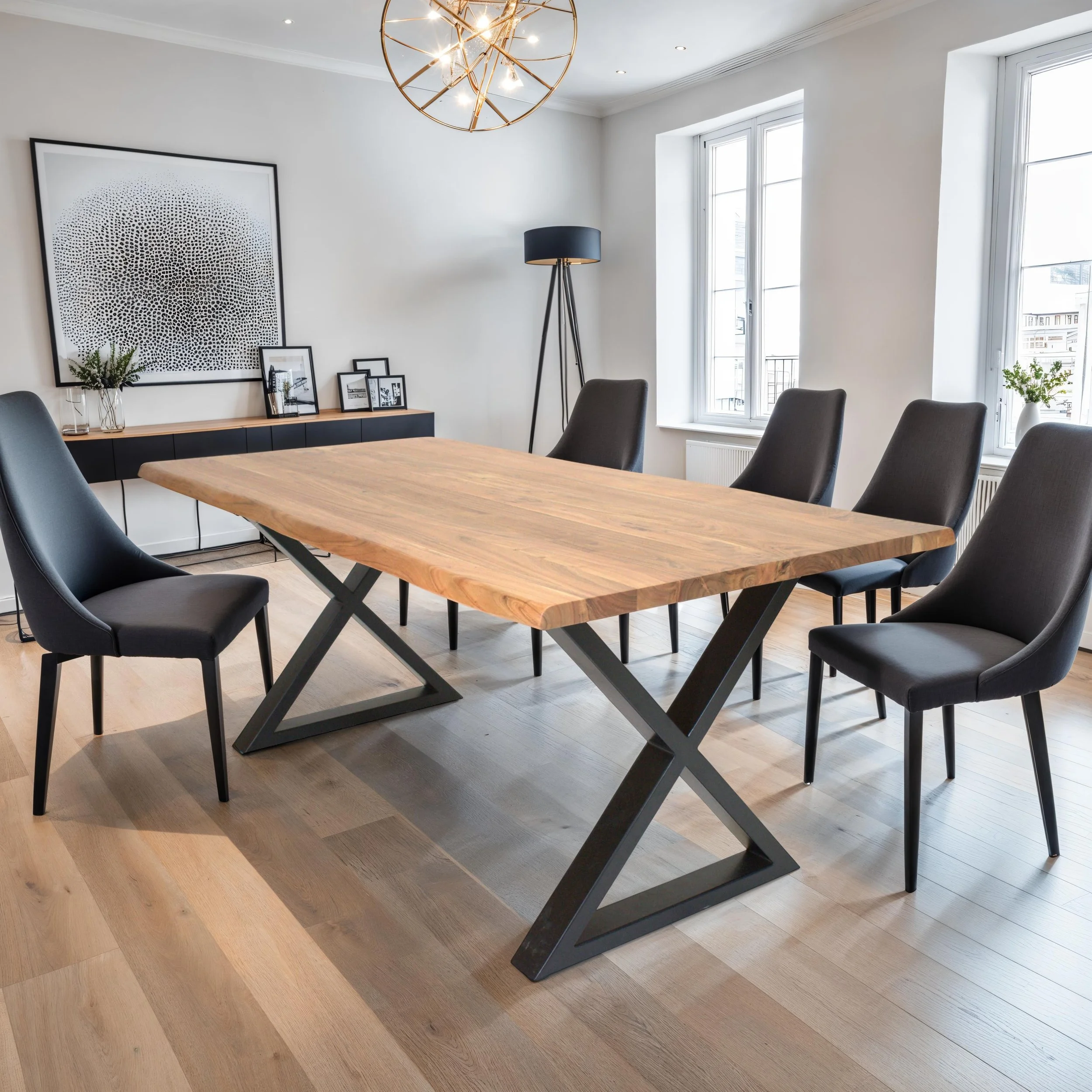 A modern wooden dining table with metal legs surrounded by 4 chairs