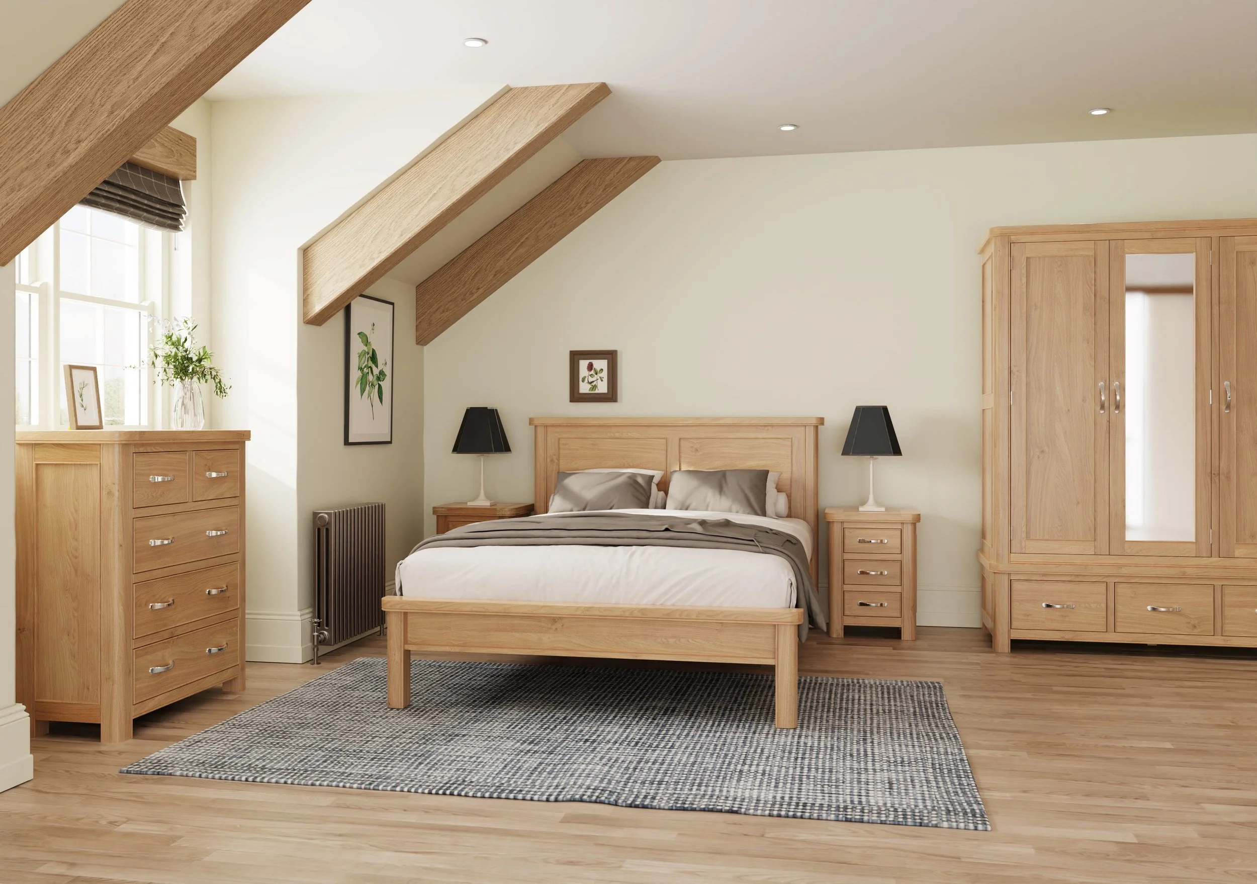 A bedroom with wooden furniture, a bed with pillows, black lamps, a window with curtains, a dresser, a wardrobe, and framed botanical art, under a sloped ceiling with wooden beams.