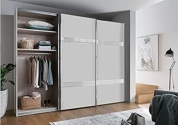 bishops of driffield, furniture showroom and wardrobes, Open wardrobe with hanging clothes, shelves with baskets, and a closed wardrobe door in a modern bedroom.