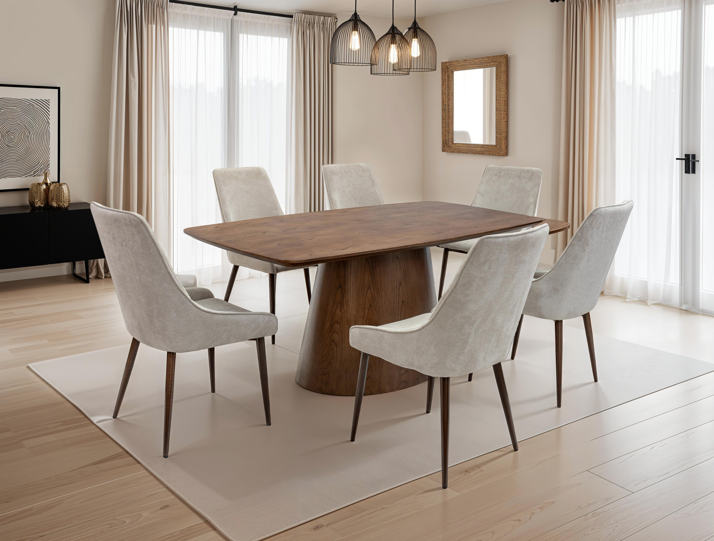 A dining room with a wooden table, six upholstered chairs, large windows with sheer curtains, a mirror on the wall, and modern pendant lighting.