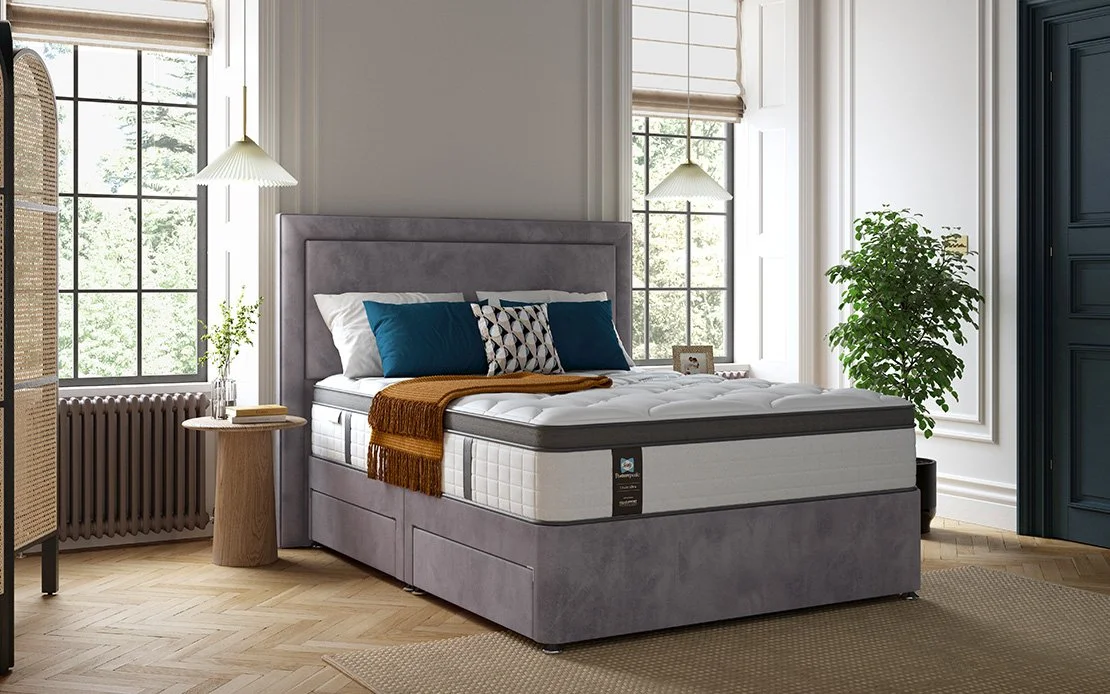 A bedroom with a bed, pillows, nightstand, windows, and houseplant.