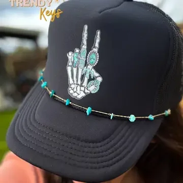 Turquoise Skelly Hand Peace Sign Graphic Trucker Hat