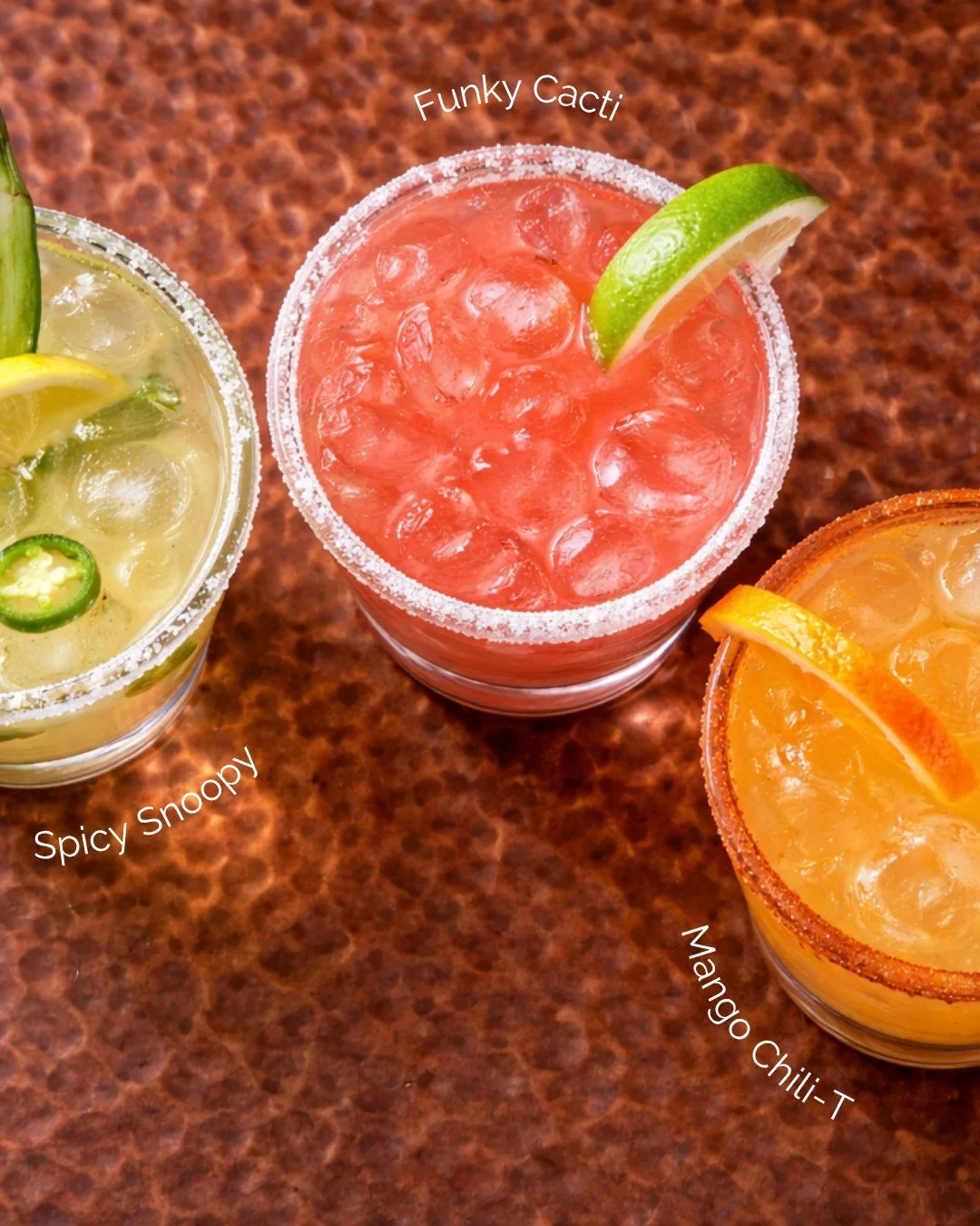 A trio of bold flavors, crafted for the perfect Sedona escape. 🍹✨

From the kick of the Spicy Snoopy with jalape&ntilde;o-infused tequila, to the vibrant Funky Cacti with prickly pear and aloe, and the smooth, sun-kissed Mango Chili-T&mdash;each sip