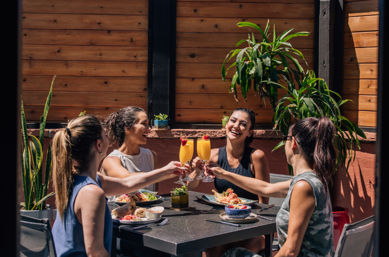 Four women sitting at a table outdoors, clinking glasses of yellow drinks, enjoying a meal together on a sunny day with plants and wooden panels in the background.