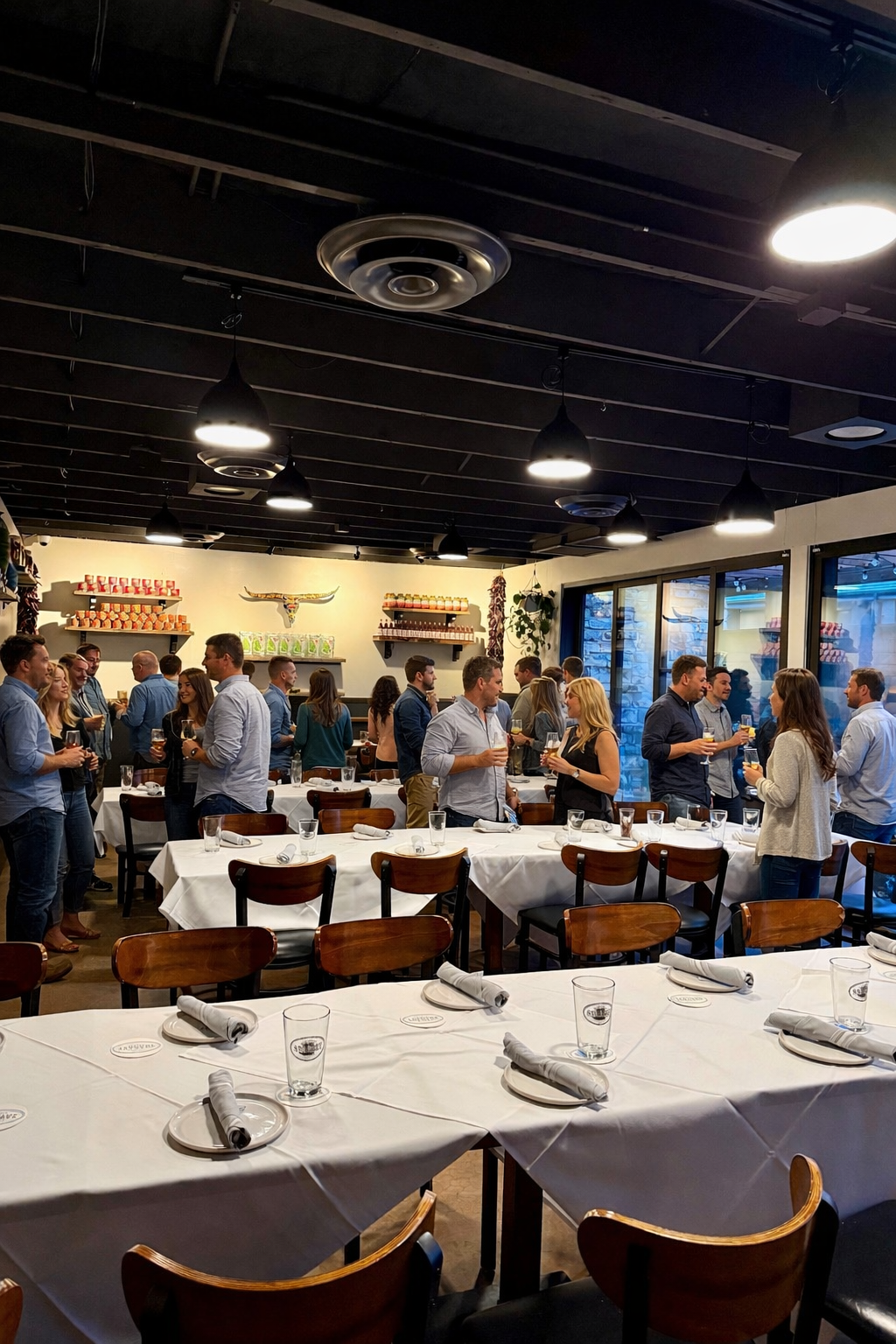 89Agave Group Back Room set with several group tables and guests mingling with drinks before the meal