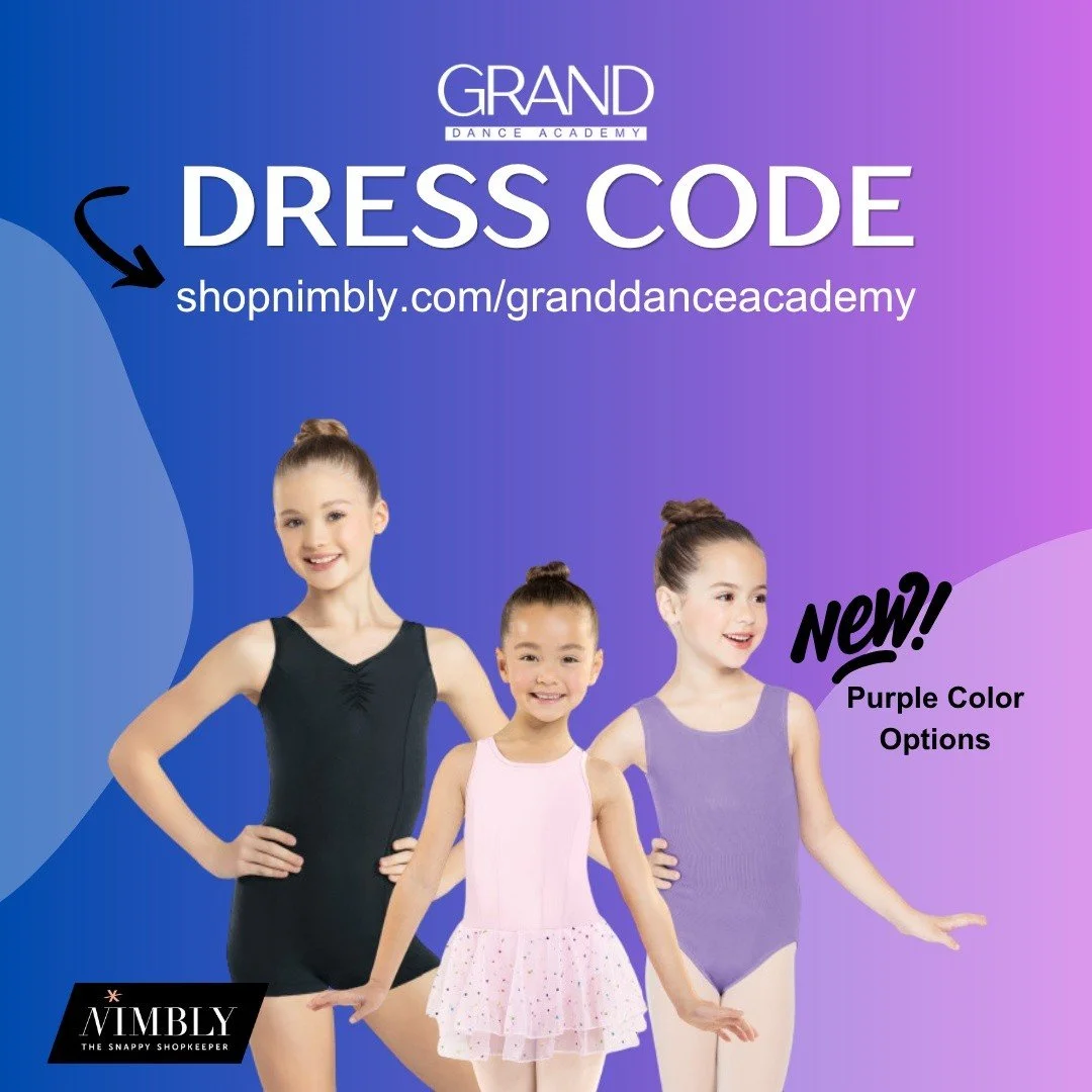 ✨️ NEW ✨️

Dress code colors will now include PURPLE! 💜 More options have been added to our online store. 

AND

Tights for all combo classes will now be skin tone! More dress code details will be provided in August. 

 #dance #granddanceacademy #da