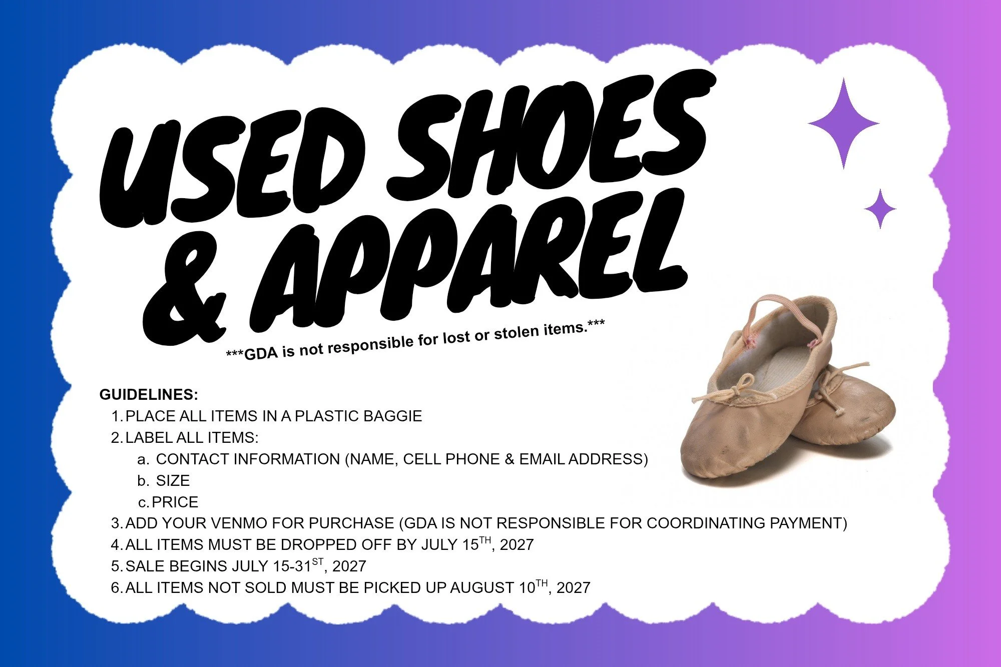 Used Shoe &amp; Apparel Exchange July 15-31st! 🩰

Check out the parent Facebook group or Band page for more details. 

 #dance #granddanceacademy #dancestudio #youthclasses