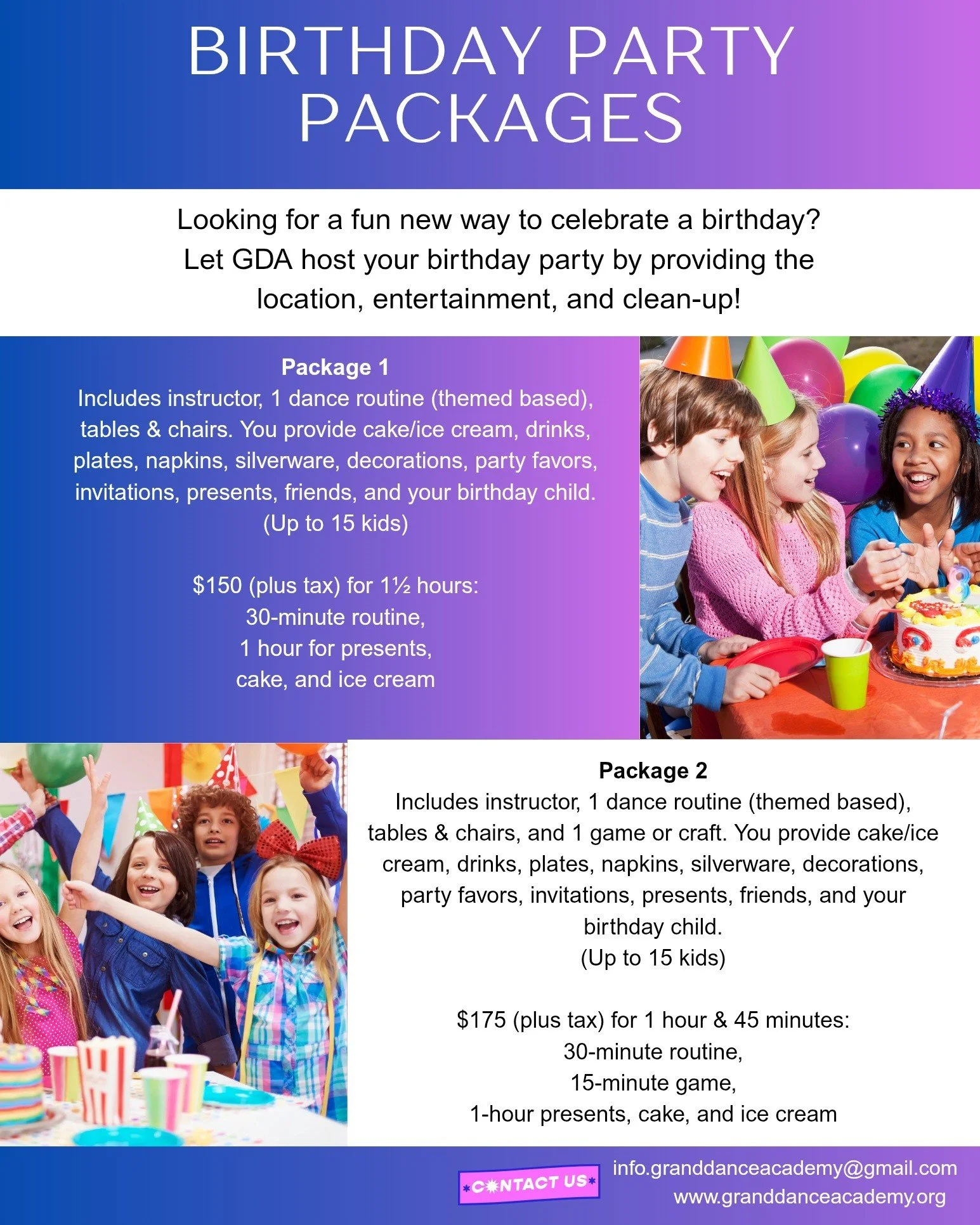 Celebrate your Big Day the Grand Way! 🎉

Make your child's next birthday unforgettable with a private dance party at GDA. 

🌟 Private studio rental &amp; dedicated party host
💃 Custom choreography session to your child's favorite song  Spaces are 