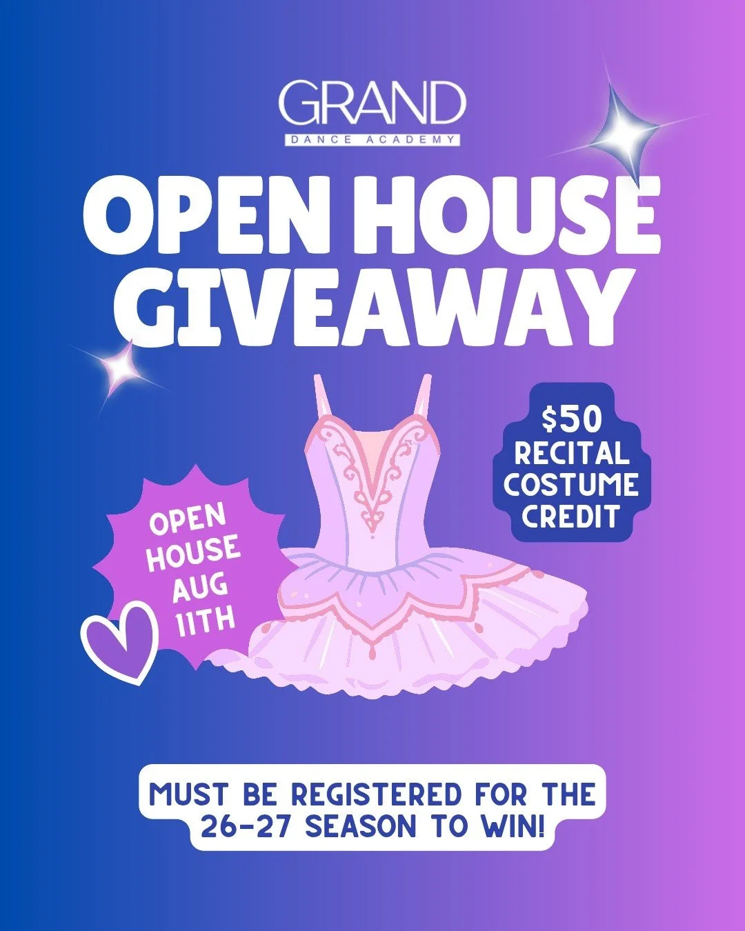 Drop in, say hi, and win big! 🎟✨️

Come to our open house next week and enter our giveaeay for the chance to win a $50 recital costume credit for the upcoming season! 

Everything you need to know:
📅 AUGUST 11, 2026
⏰️ 6-8 PM
📍520 N GRAND AVE, SPE