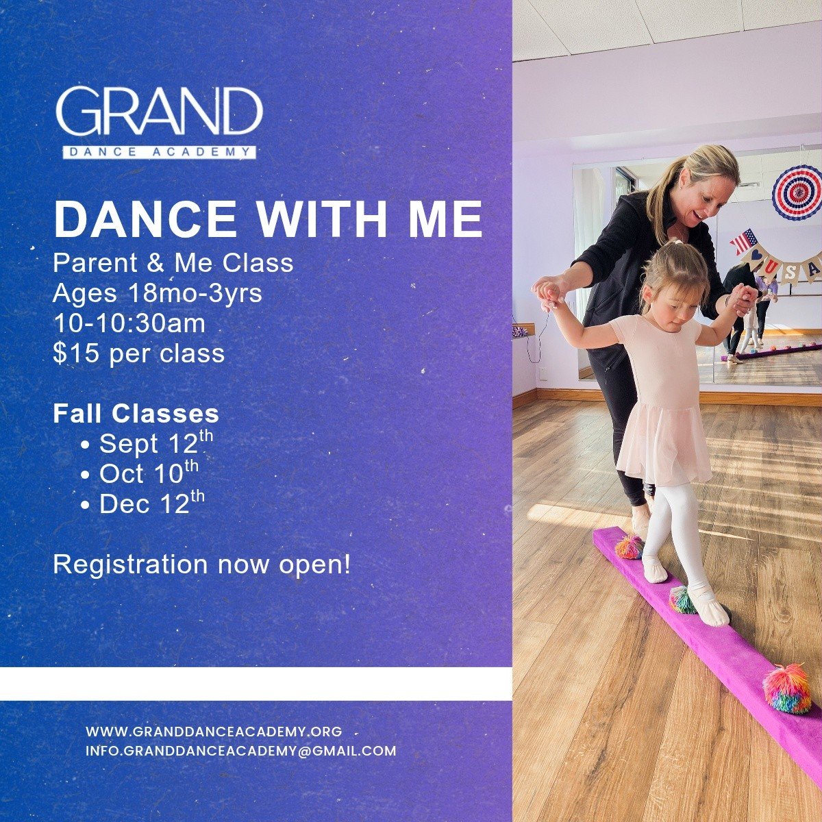 Grab your favorite little dancing partner! 👯&zwj;♀️✨️

Our Dance With Me fall dates are officially live. Tap the link in our bio to register before spots fill up!

 #dance #granddanceacademy #dancestudio #youthclasses #parentandmeclasses