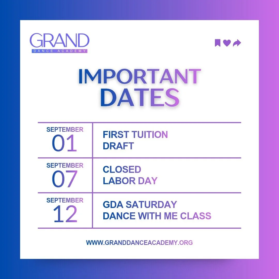 📅 GDA Important Dates 📅

Parents stay in the know this season by following us on social media and joining our parent FB group or Band App! 

 #acro #dance #granddanceacademy #dancestudio #youthclasses