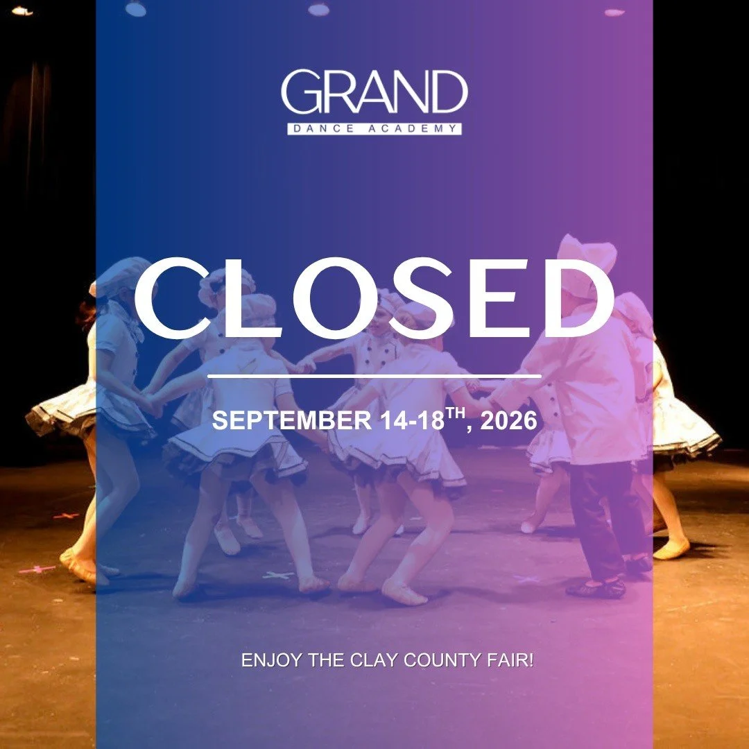 REMINDER: We will be closed September 14-18th, 2026 so our staff and families can enjoy the Clay County Fair! 🎡

Classes resume Monday September 21st, 2026.  #dance #granddanceacademy #dancestudio #youthclasses