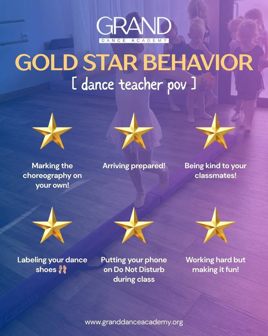 We love seeing these Gold Star 🌟  Behaviors at the studio! 

 #dance #granddanceacademy #dancestudio #youthclasses