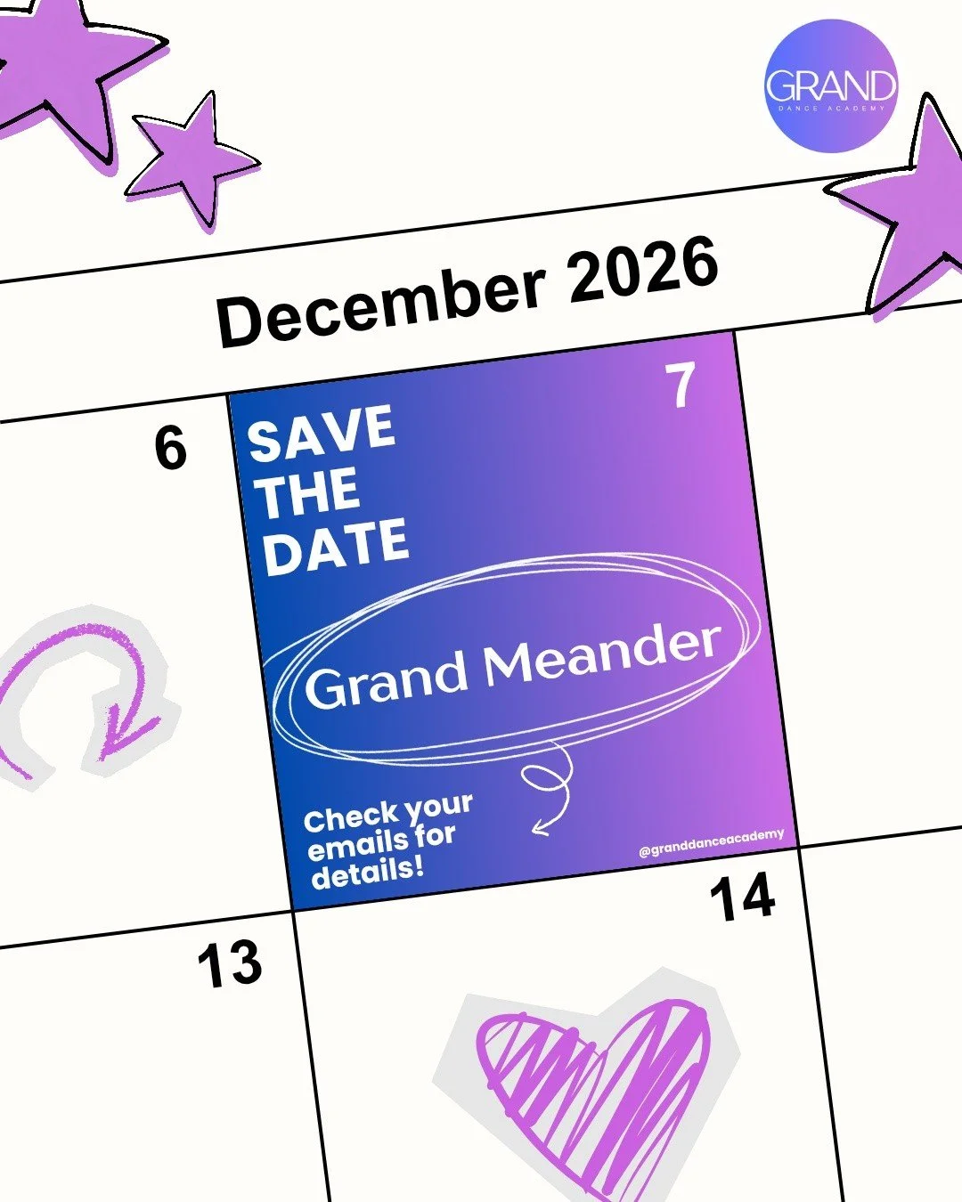 Mark your calendars! 📆

Grand Meander performances will take place on Monday December 7th between 530-630pm. Check your emails/band app for more details! 

 #dance #granddanceacademy #dancestudio #youthclasses #grandmeander