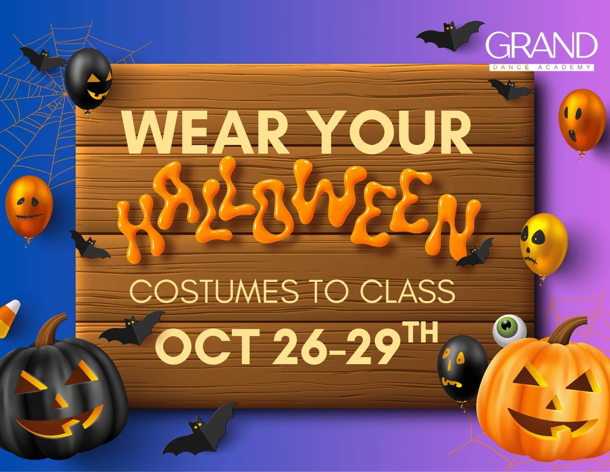 Next week - Dancers are invited to come to class in their Halloween costumes! 🎃 

 #dance #granddanceacademy #dancestudio #youthclasses