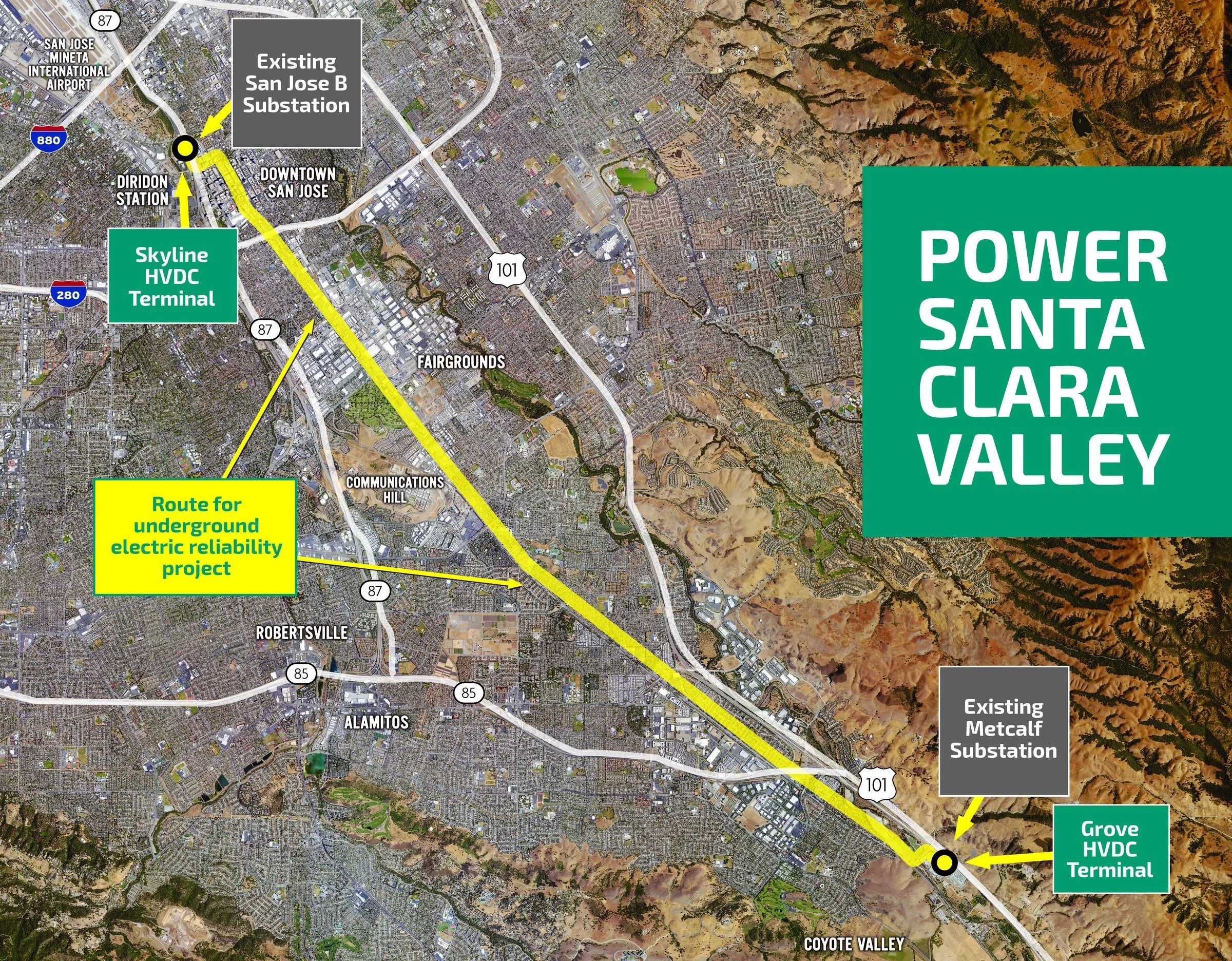 Map of the Power Santa Clara Valley underground electric route between the Skyline terminal near Diridon Station in Downtown San José and the Grove terminal near the Metcalf Substation, following Monterey Road.