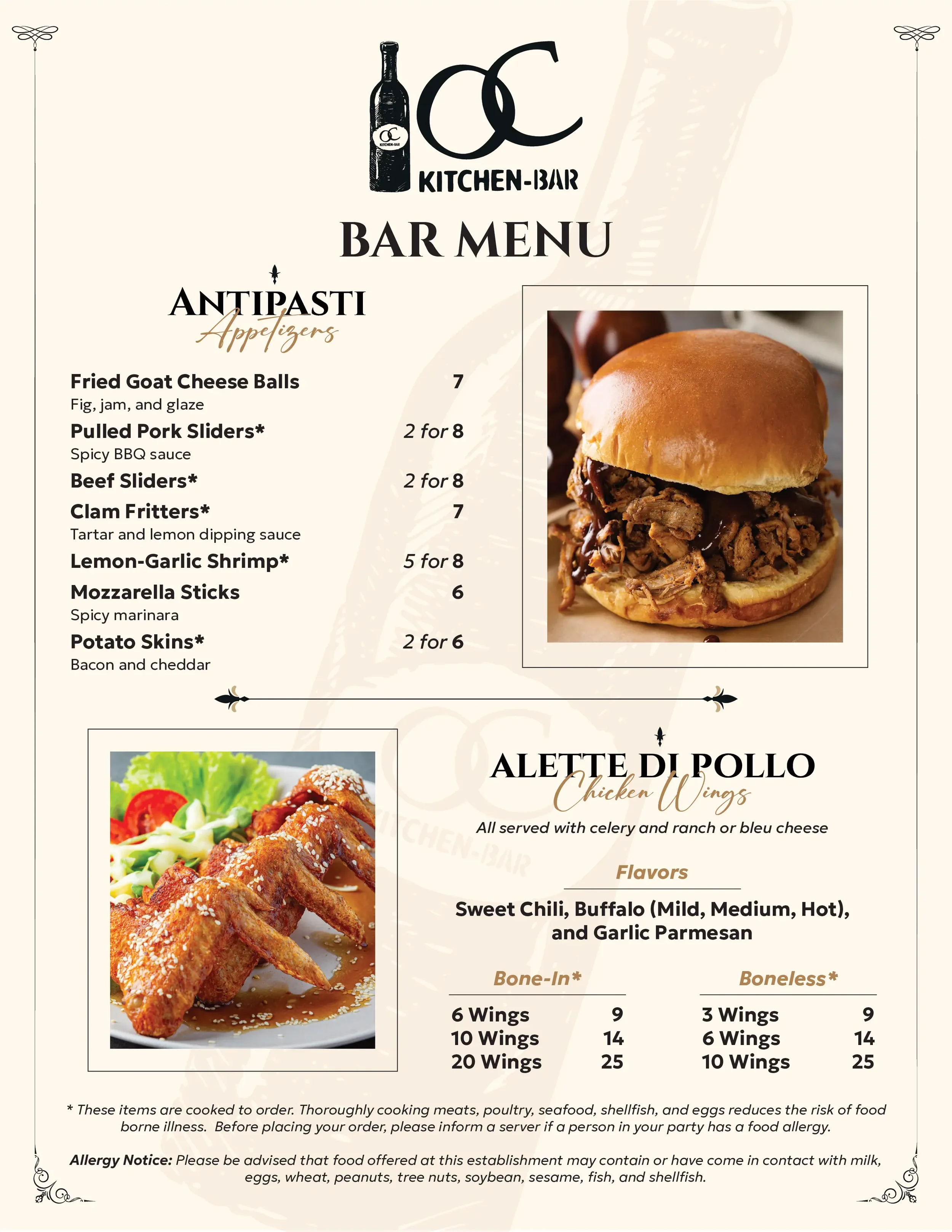 Part of a restaurant or bar menu featuring a picture of a fried chicken sandwich with crispy chicken, pickles, and sauce in a bun, with other food items and menu sections visible.