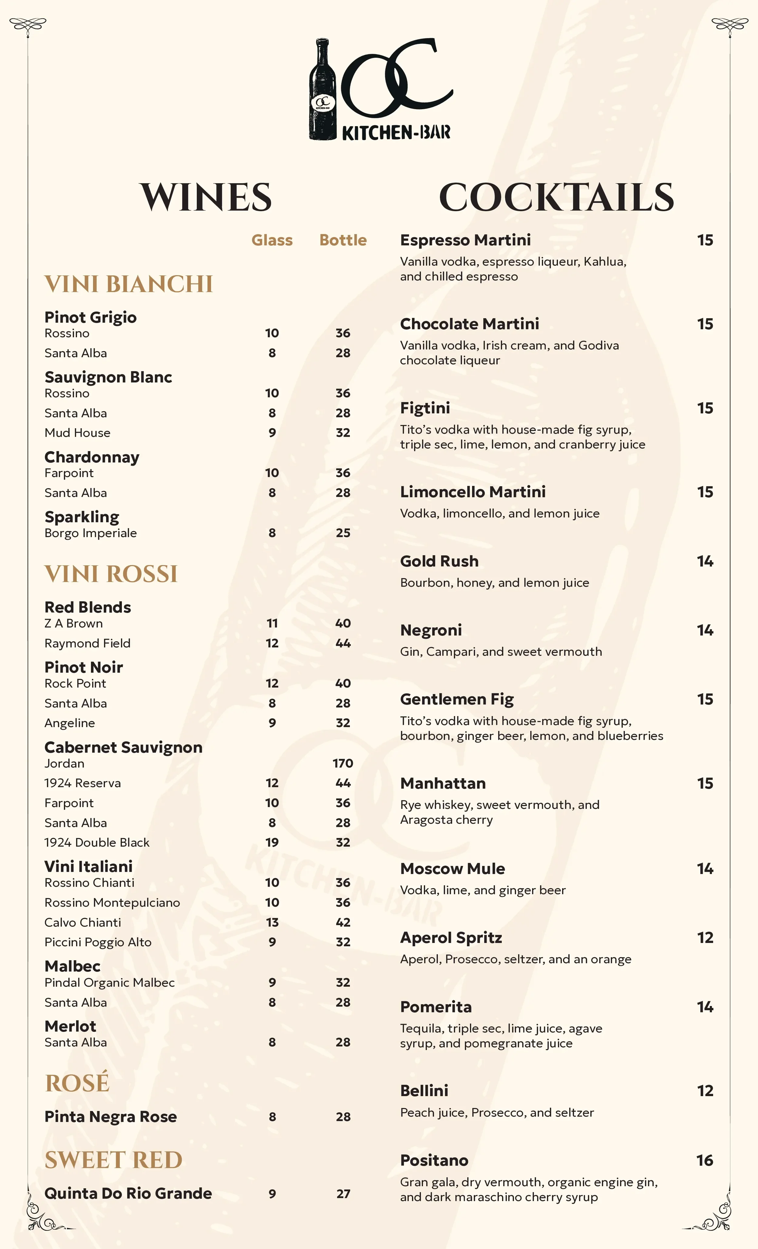 Menu from a kitchen bar listing wines and cocktails with details and prices.