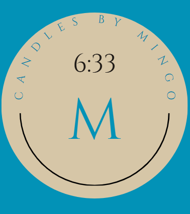 A circular logo with a beige background, featuring the time 6:33, a large blue letter M, and the text 'Candles by Mingo' around the top edge on a teal background.