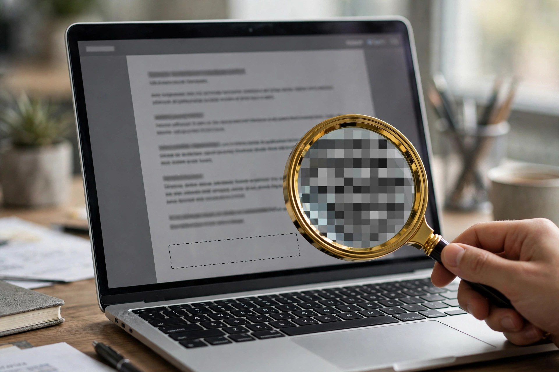 A contract on a laptop screen, with a magnifying glass revealing pixelation where the signature should be