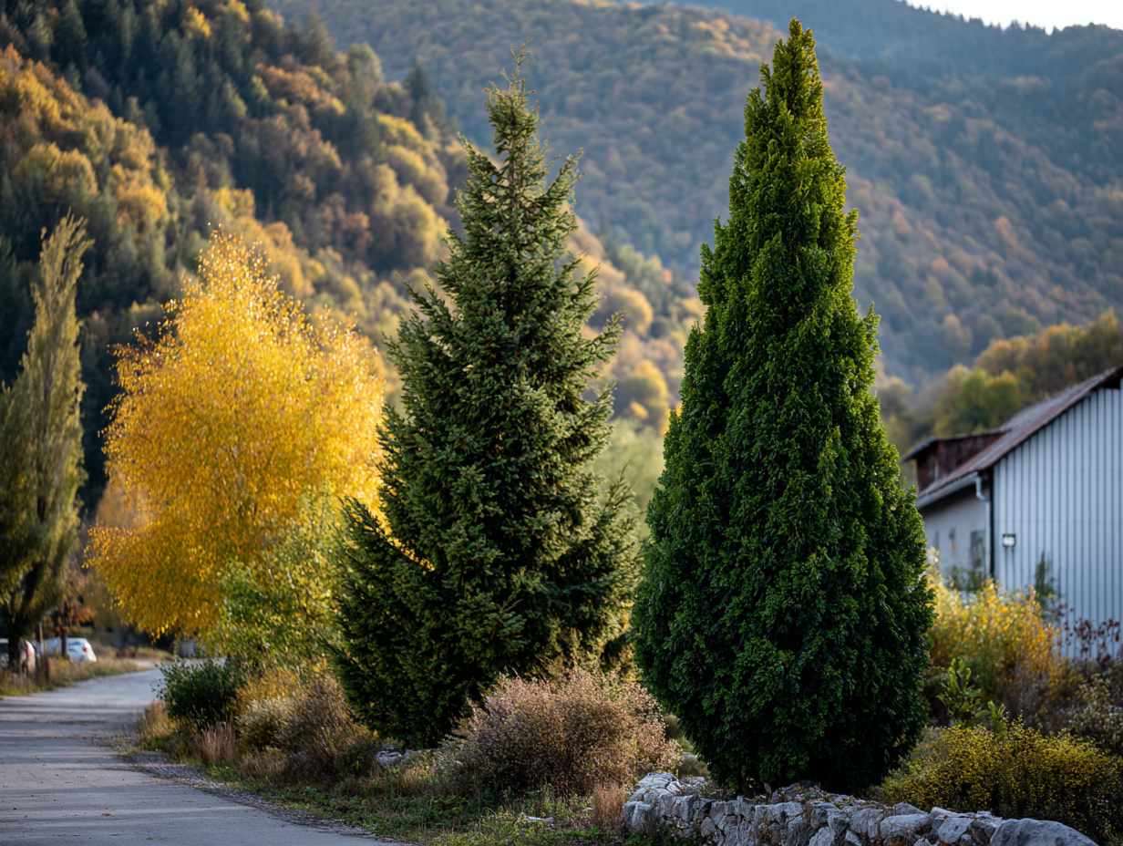 O priveliște pitorească a unei zone rurale cu copaci înalți și verzi de-a lungul unui drum de țară, copaci în culorile toamnei, o clădire albă cu acoperiș metalic și dealuri acoperite de copaci în fundal.